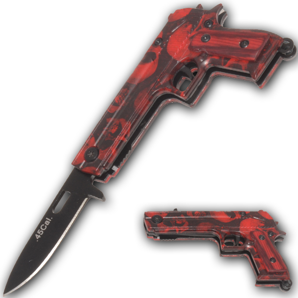 0.45 Cal Spring Assisted Knife, Red Skull