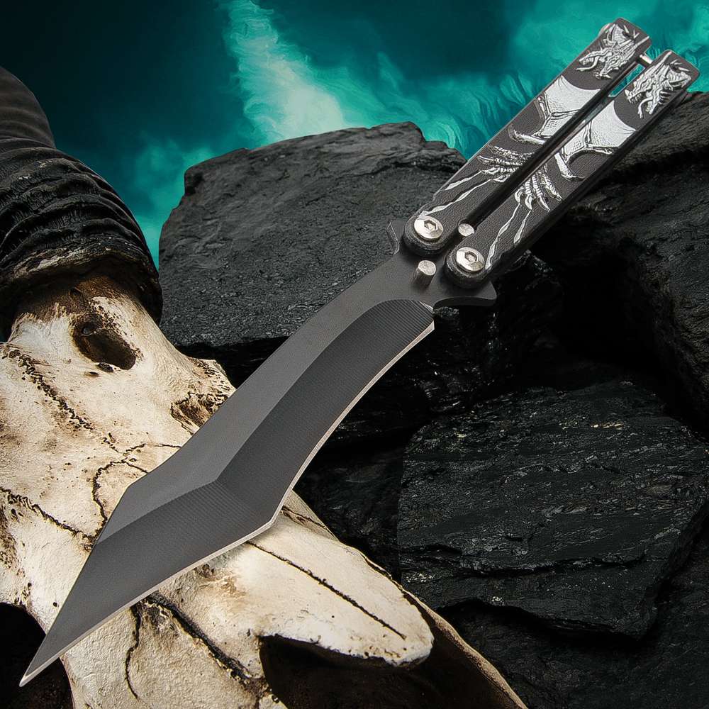 Ghost Dragon Butterfly Knife - Stainless Steel Blade, Raised Artwork