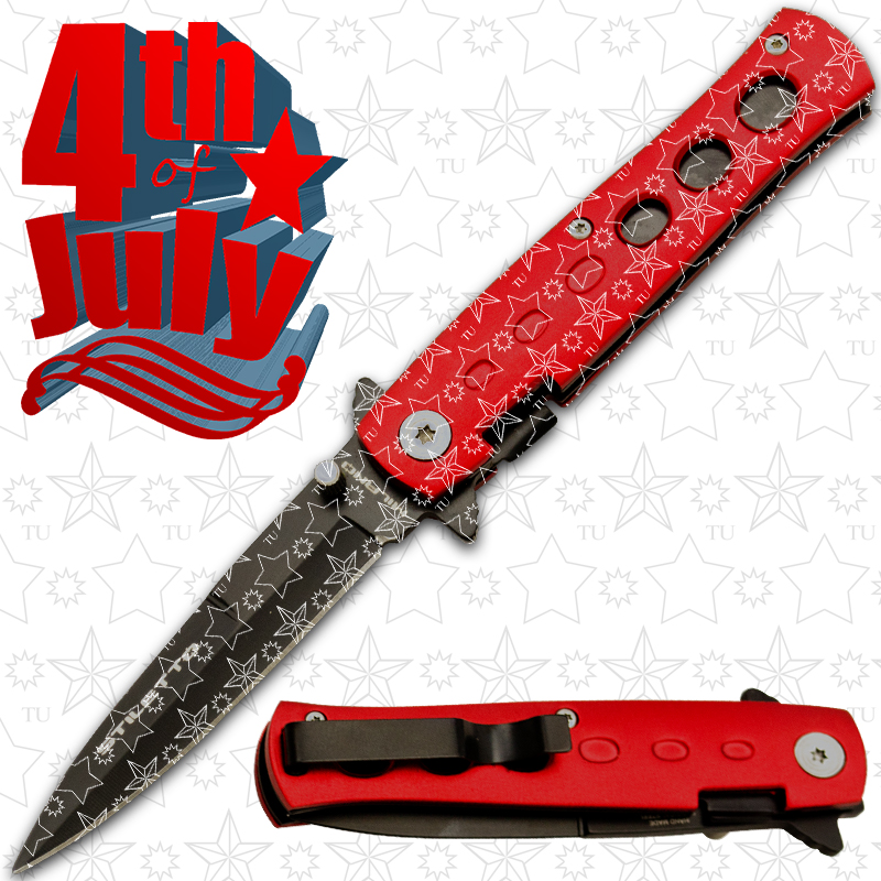 4th of July Star Spangled Stiletto Style Folding Knives, Red