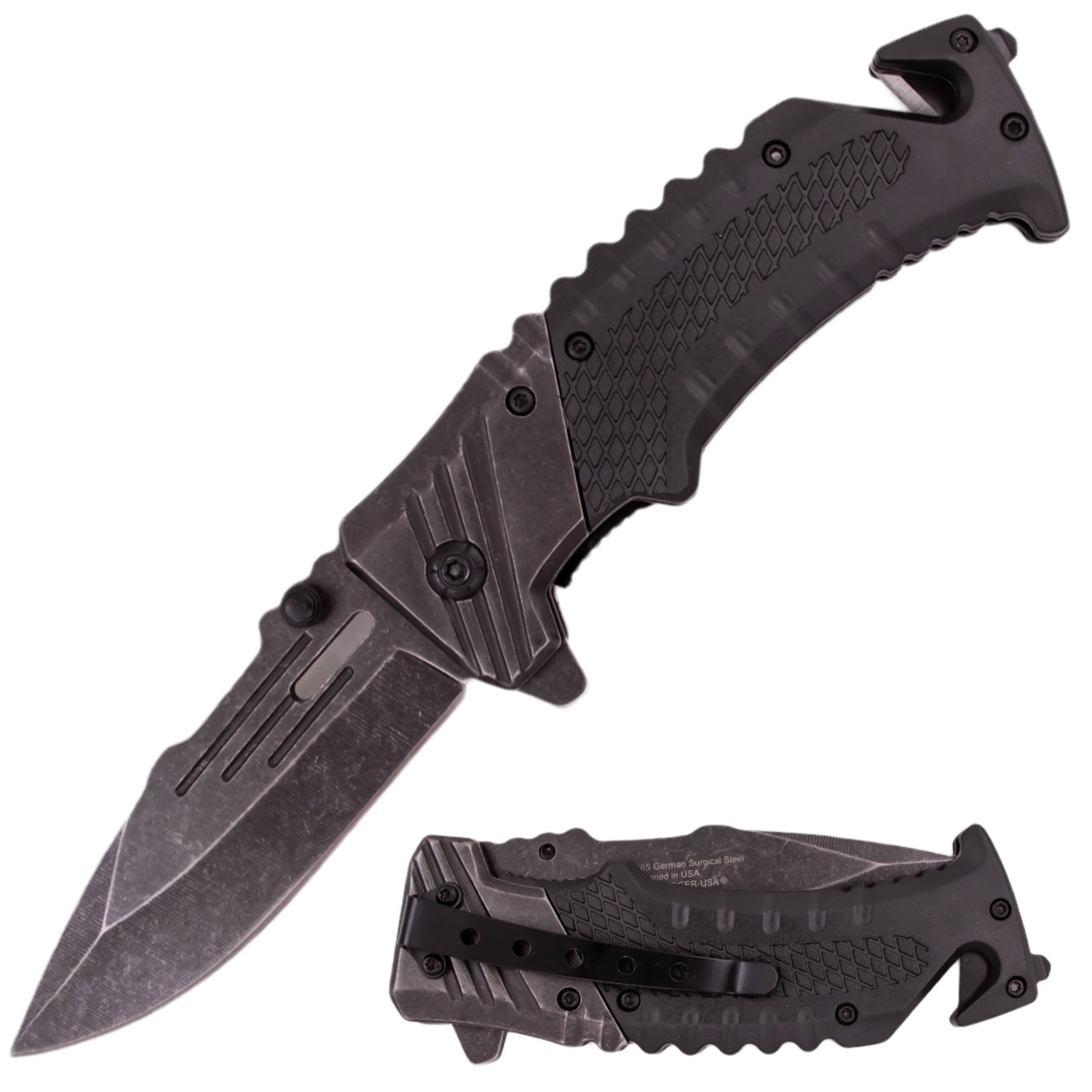 7 Inch Tiger USA Ergonomic Grip Stonewashed Spring Assisted Knife   Black