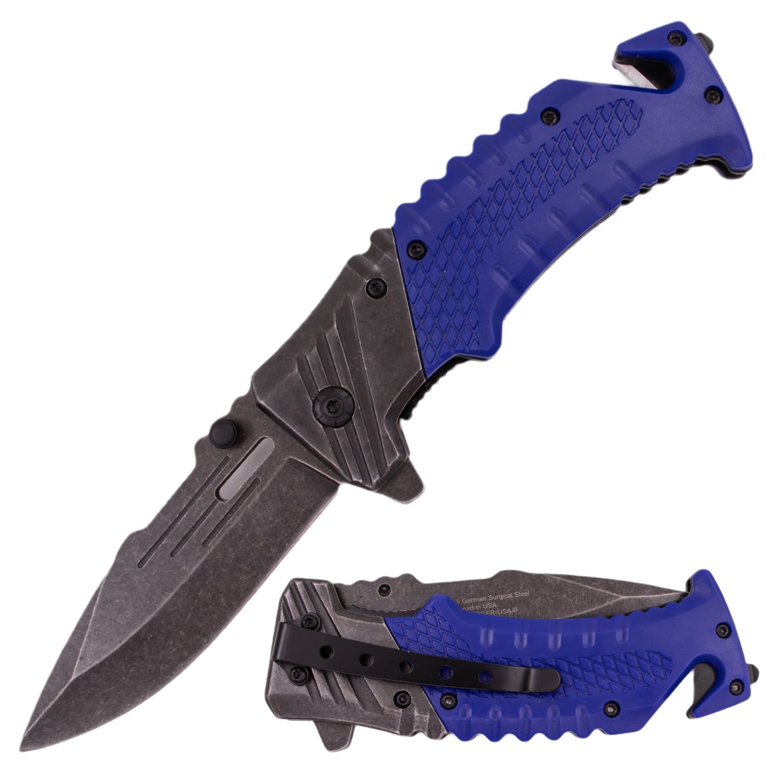 7 Inch Tiger USA Ergonomic Grip Stonewashed Spring Assisted Knife   Blue