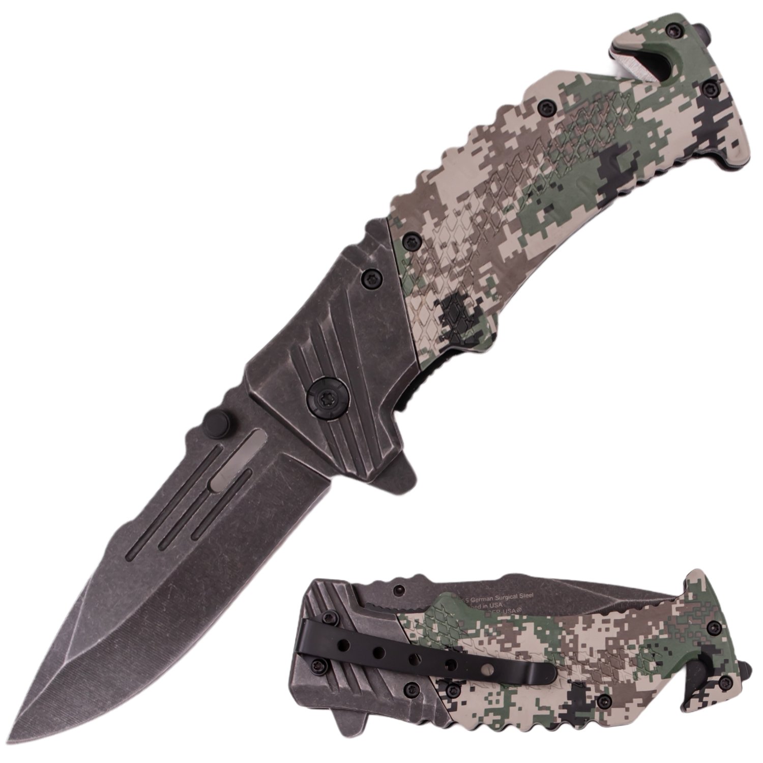 7 Inch Tiger USA Ergonomic Grip Stonewashed Spring Assisted Knife   Camo 1