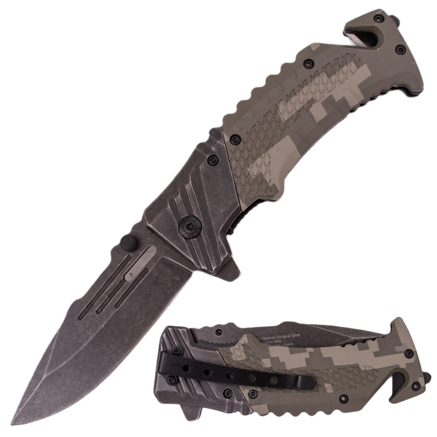 7 Inch Tiger USA Ergonomic Grip Stonewashed Spring Assisted Knife   Camo 3