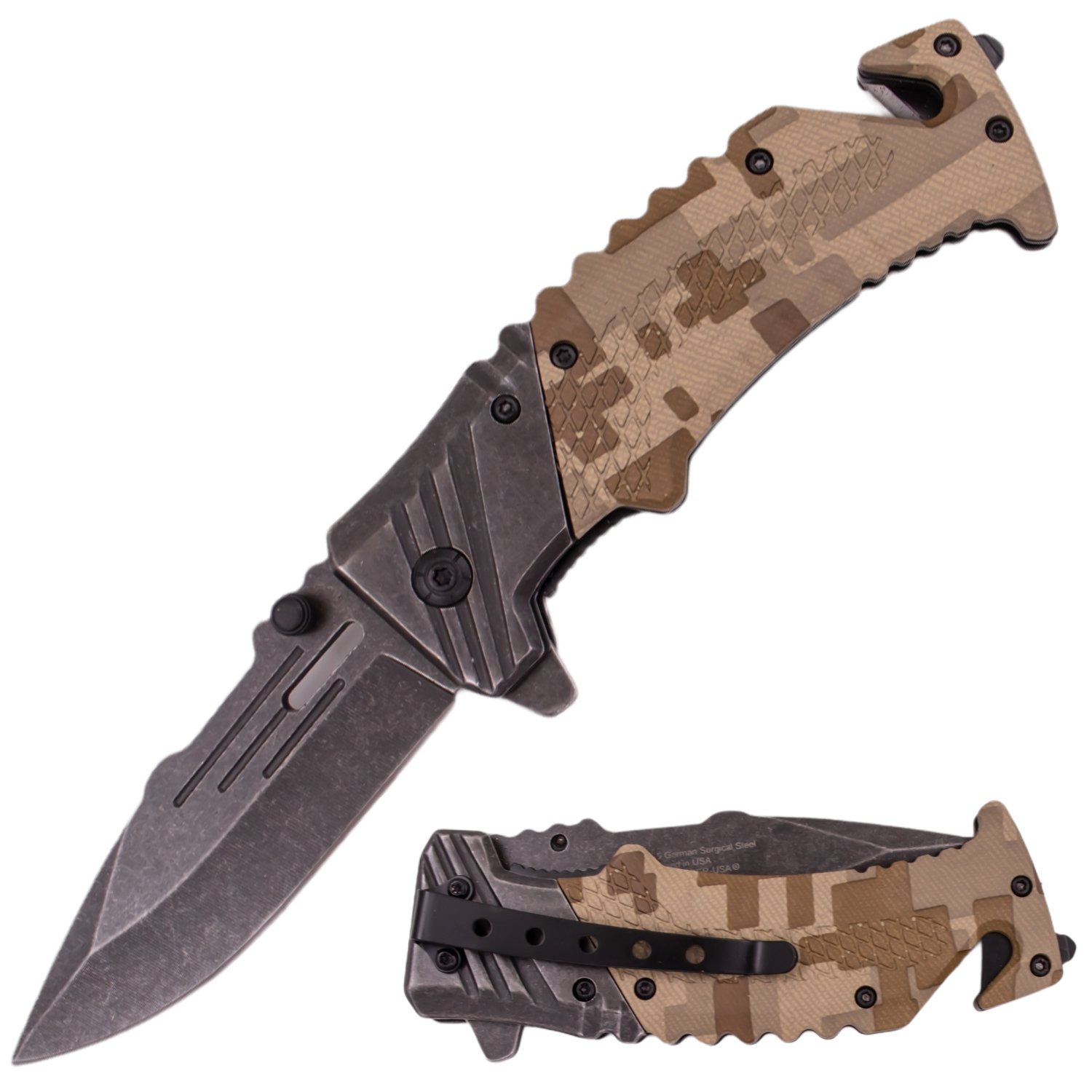 7 Inch Tiger USA Ergonomic Grip Stonewashed Spring Assisted Knife   Camo 4