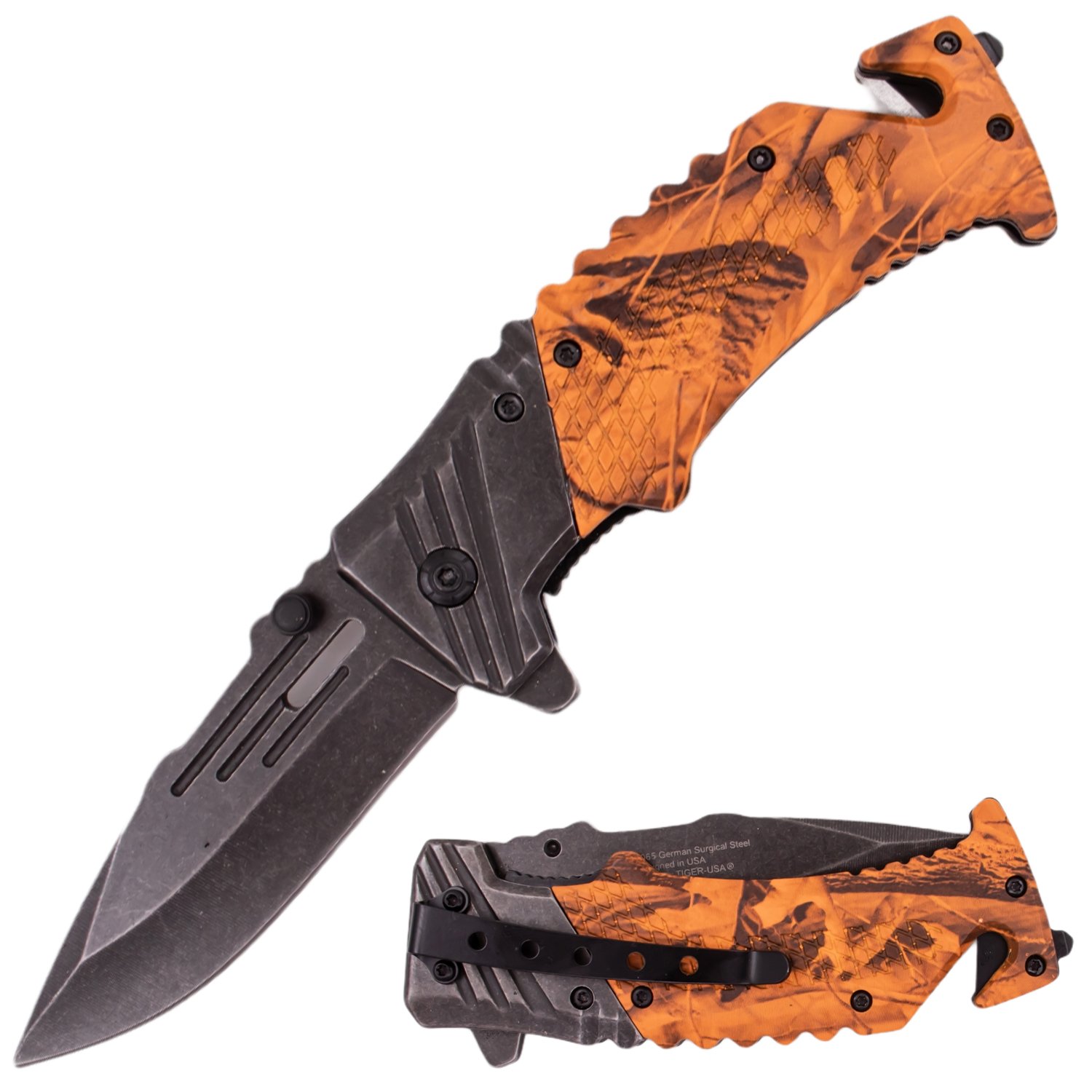 7 Inch Tiger USA Ergonomic Grip Stonewashed Spring Assisted Knife   Camo 5