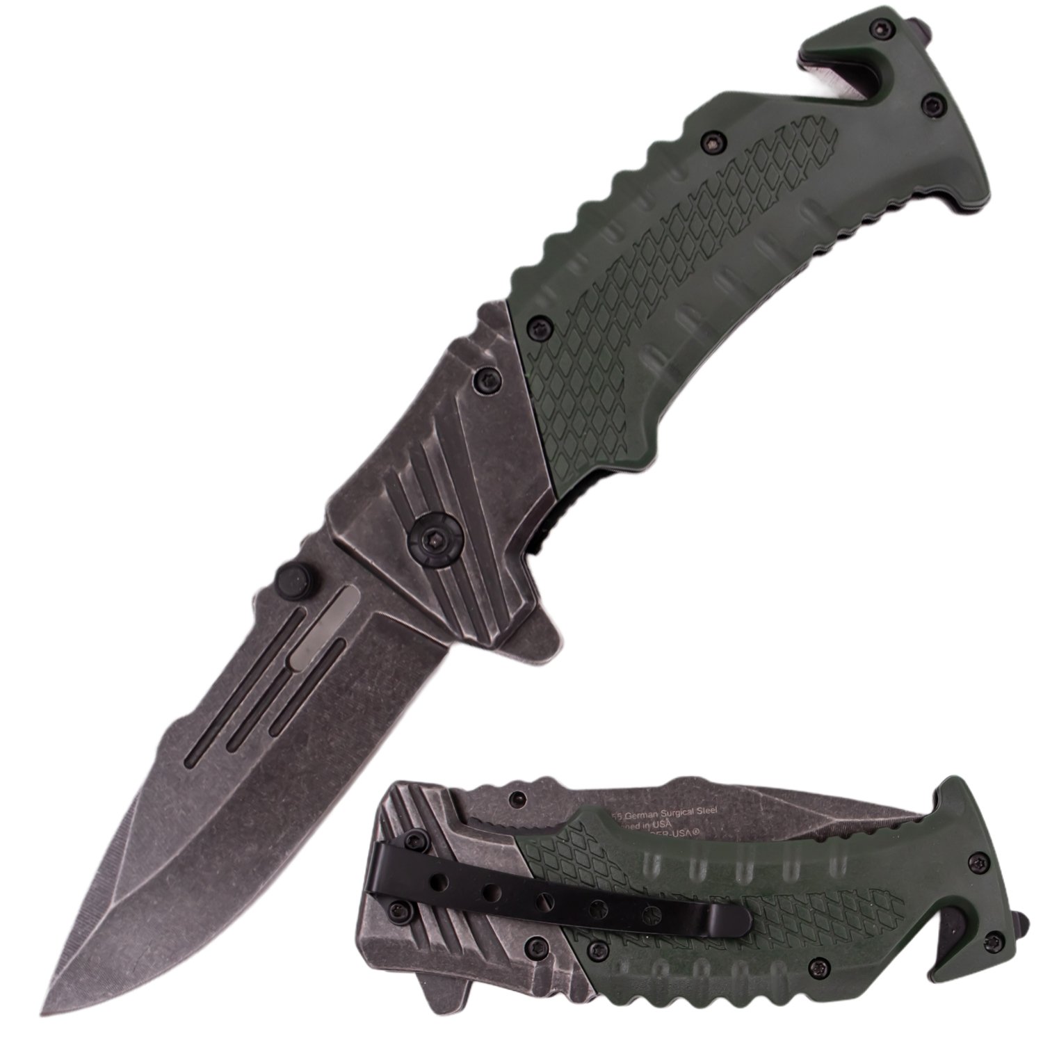 7 Inch Tiger USA Ergonomic Grip Stonewashed Spring Assisted Knife   Green