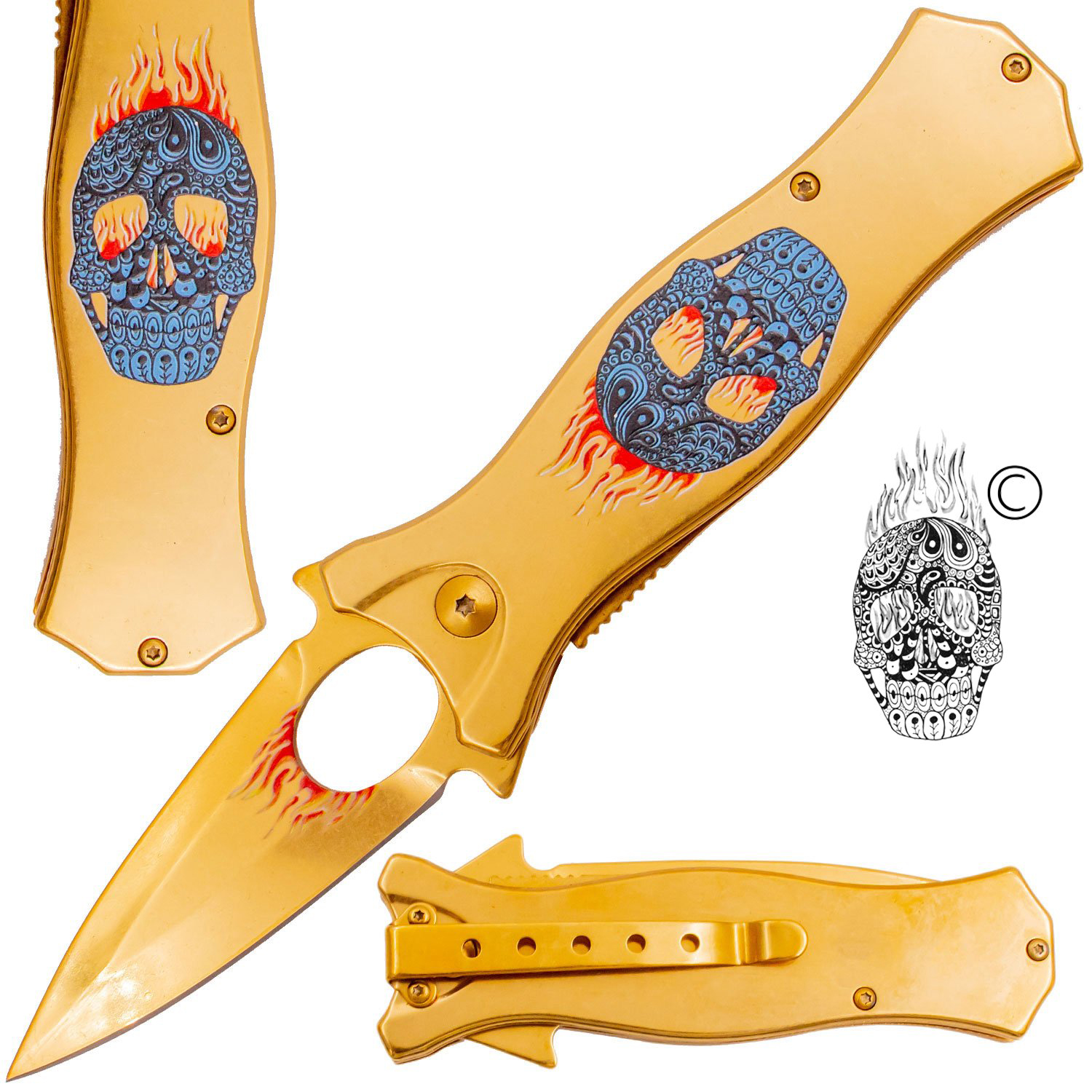 7.5 Inch Golden Ticket Spring Assisted Knife Flaming Sugar Skull (Blue)