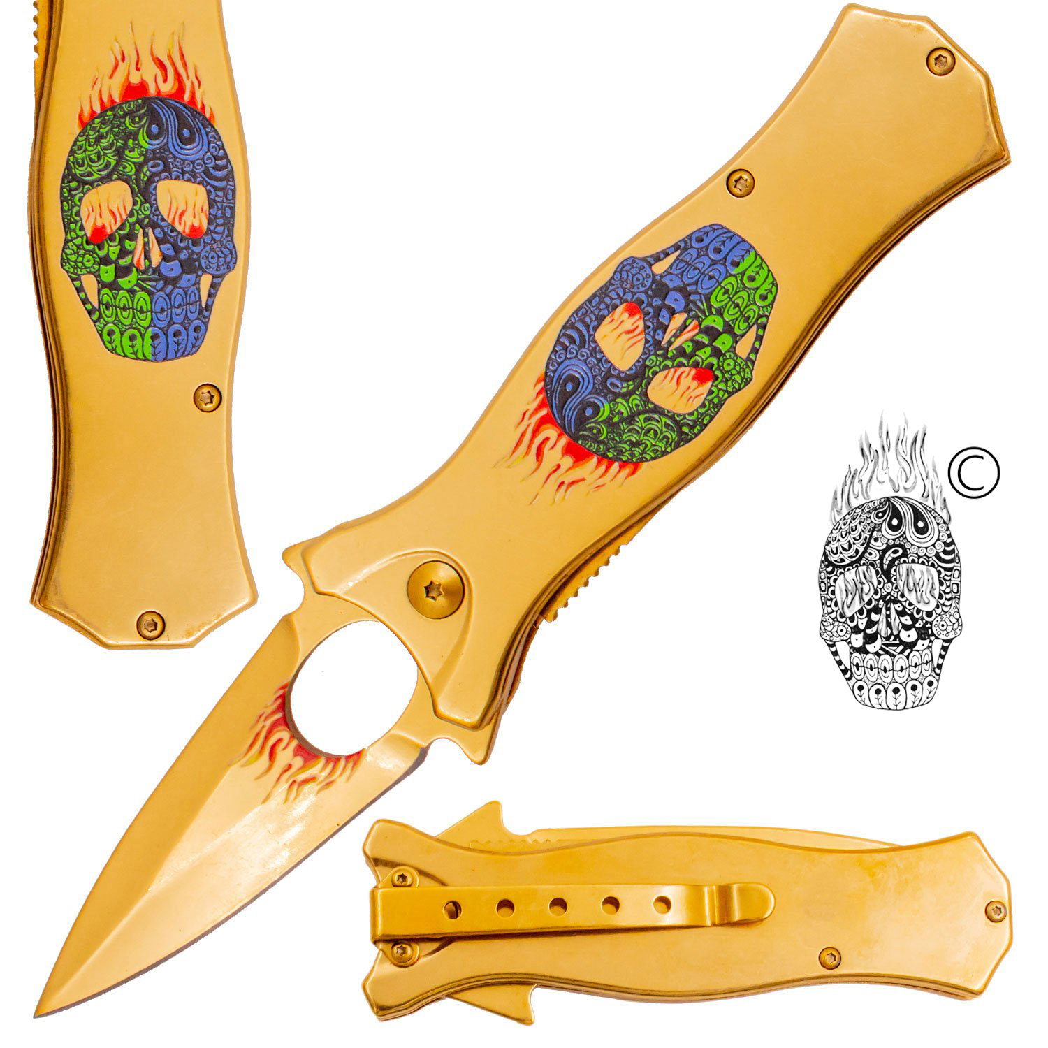 7.5 Inch Golden Ticket Spring Assisted Knife Flaming Sugar Skull (Green and Blue)