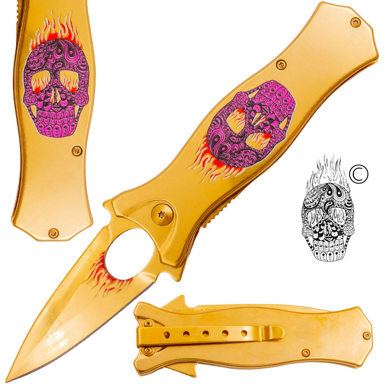 7.5 Inch Golden Ticket Spring Assisted Knife Flaming Sugar Skull (Pink)