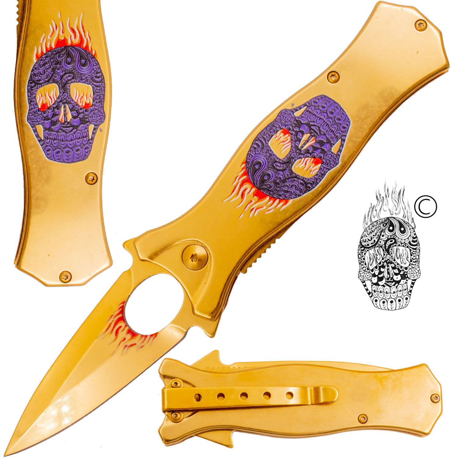 7.5 Inch Golden Ticket Spring Assisted Knife Flaming Sugar Skull (Purple)