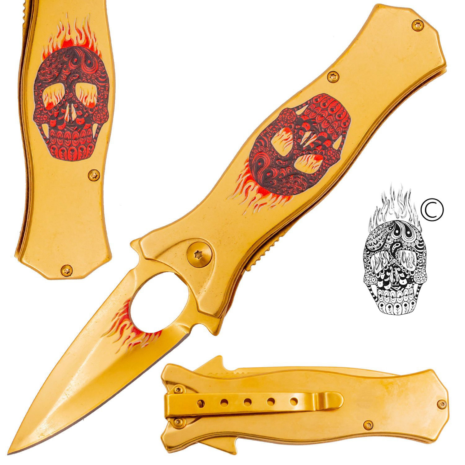 7.5 Inch Golden Ticket Spring Assisted Knife Flaming Sugar Skull (Red and Black)