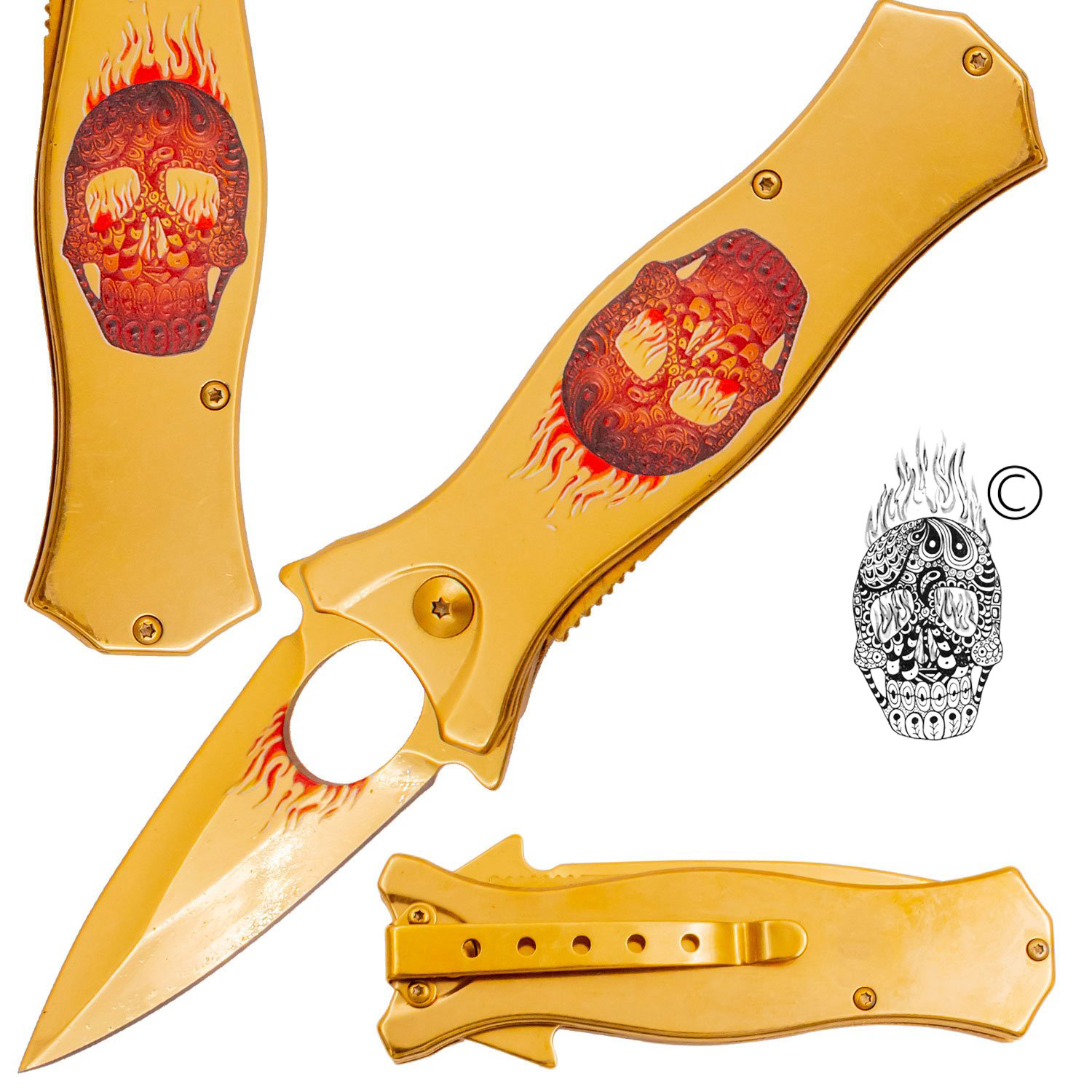 7.5 Inch Golden Ticket Spring Assisted Knife Flaming Sugar Skull (Red and Orange)