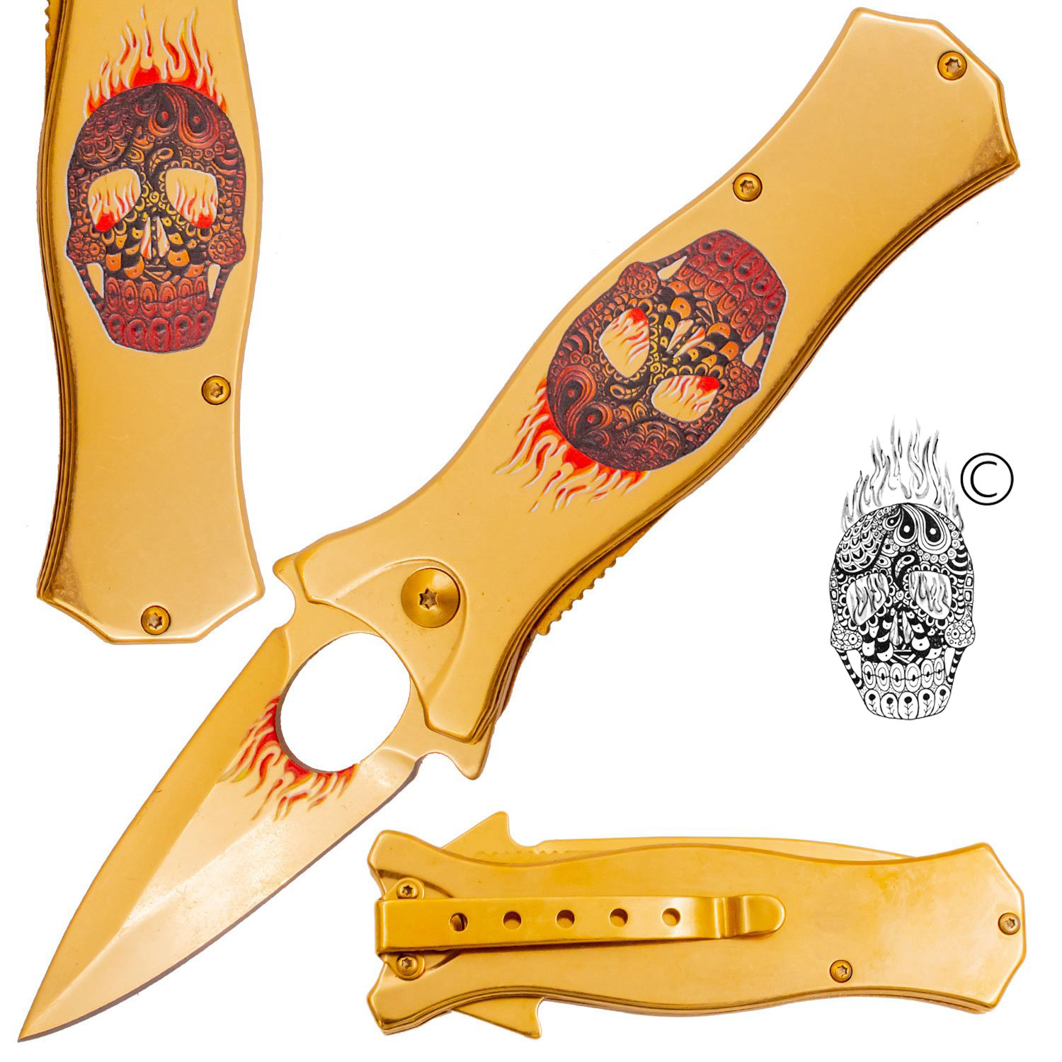 7.5 Inch Golden Ticket Spring Assisted Knife Flaming Sugar Skull (Red and Yellow)