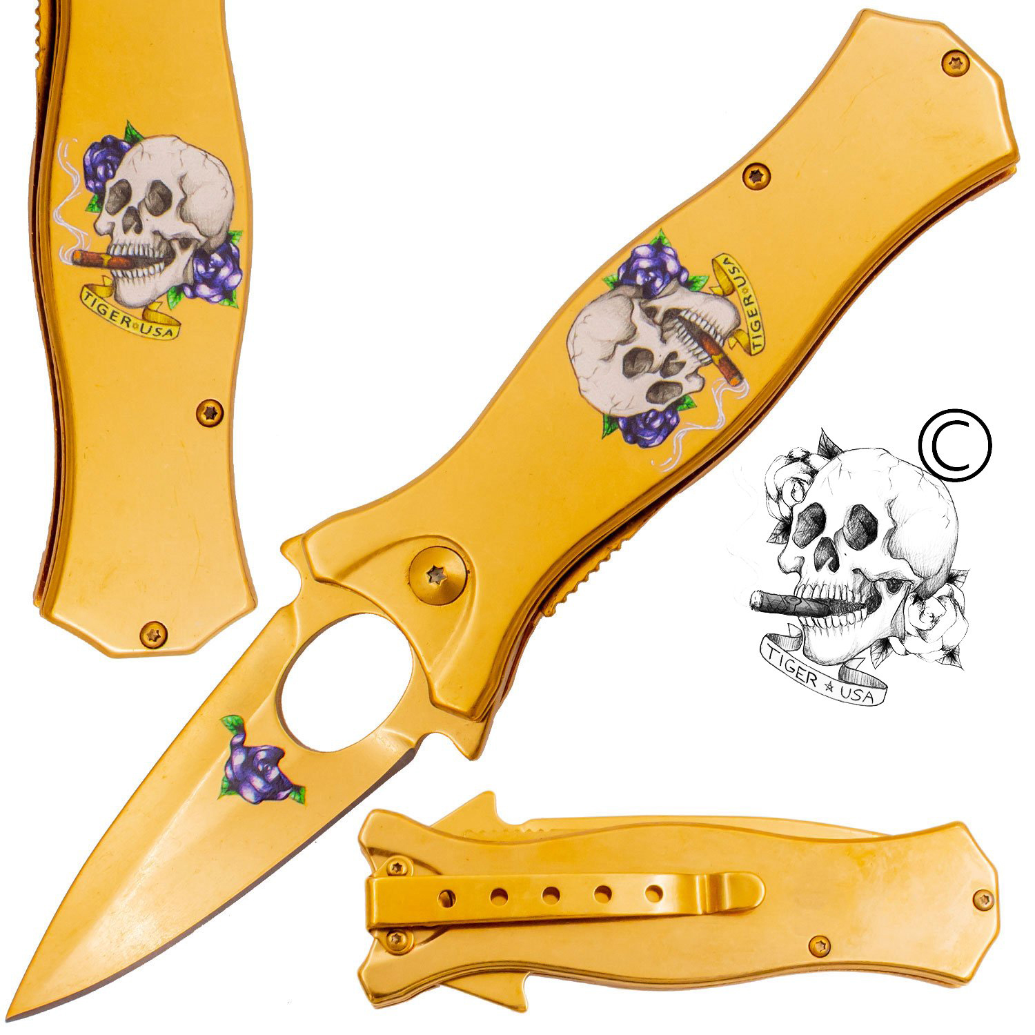 7.5 Inch Golden Ticket Spring Assisted Knife Skull Cigar Rose (Blue)