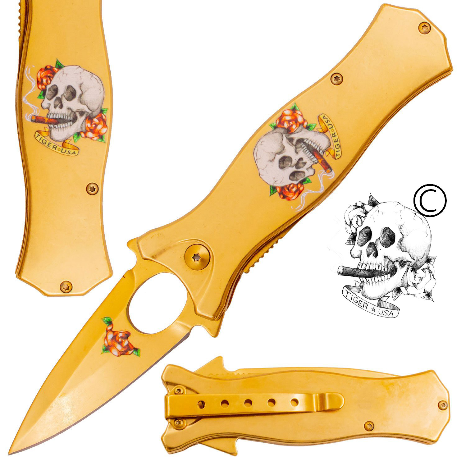 7.5 Inch Golden Ticket Spring Assisted Knife Skull Cigar Rose (Orange)