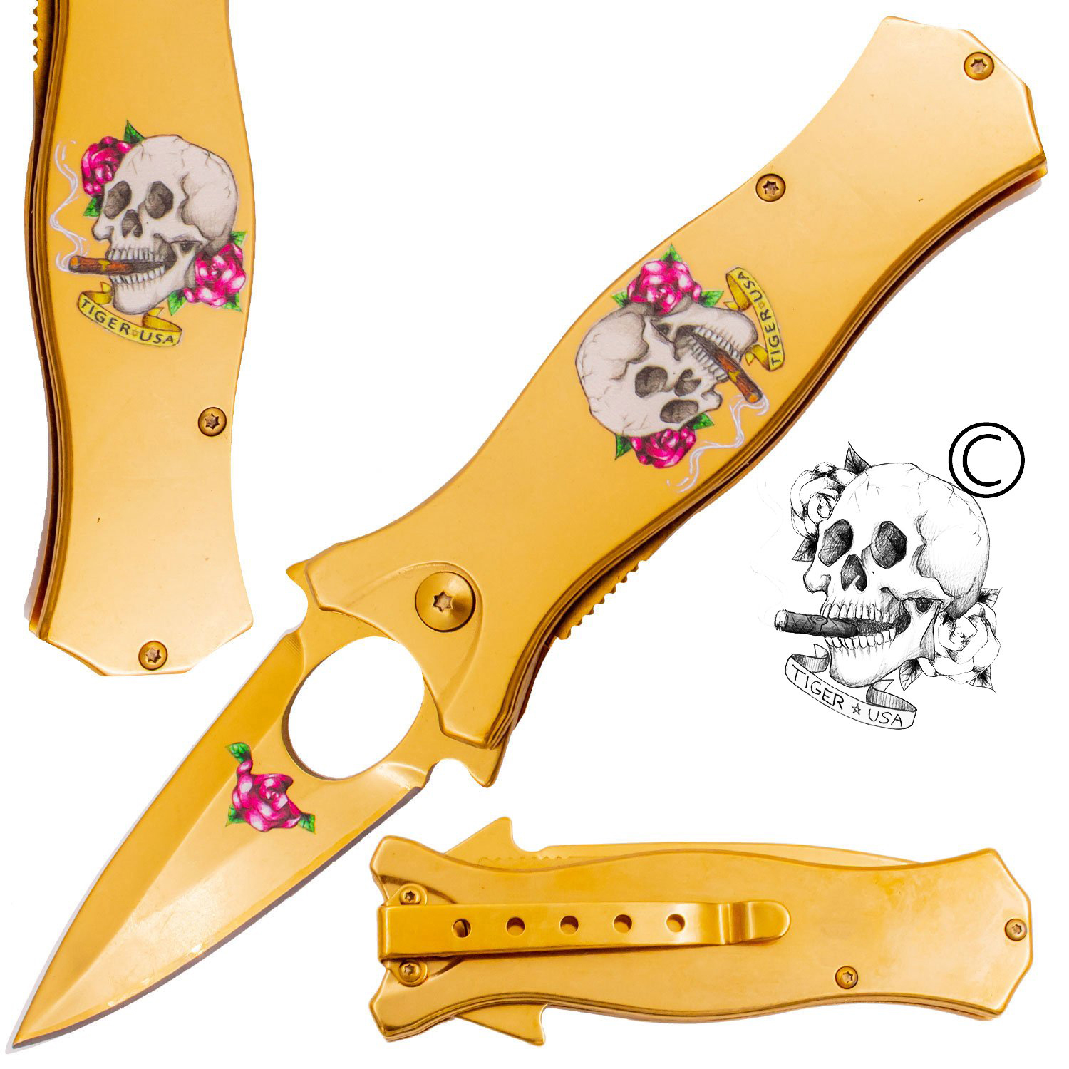 7.5 Inch Golden Ticket Spring Assisted Knife Skull Cigar Rose (Pink)