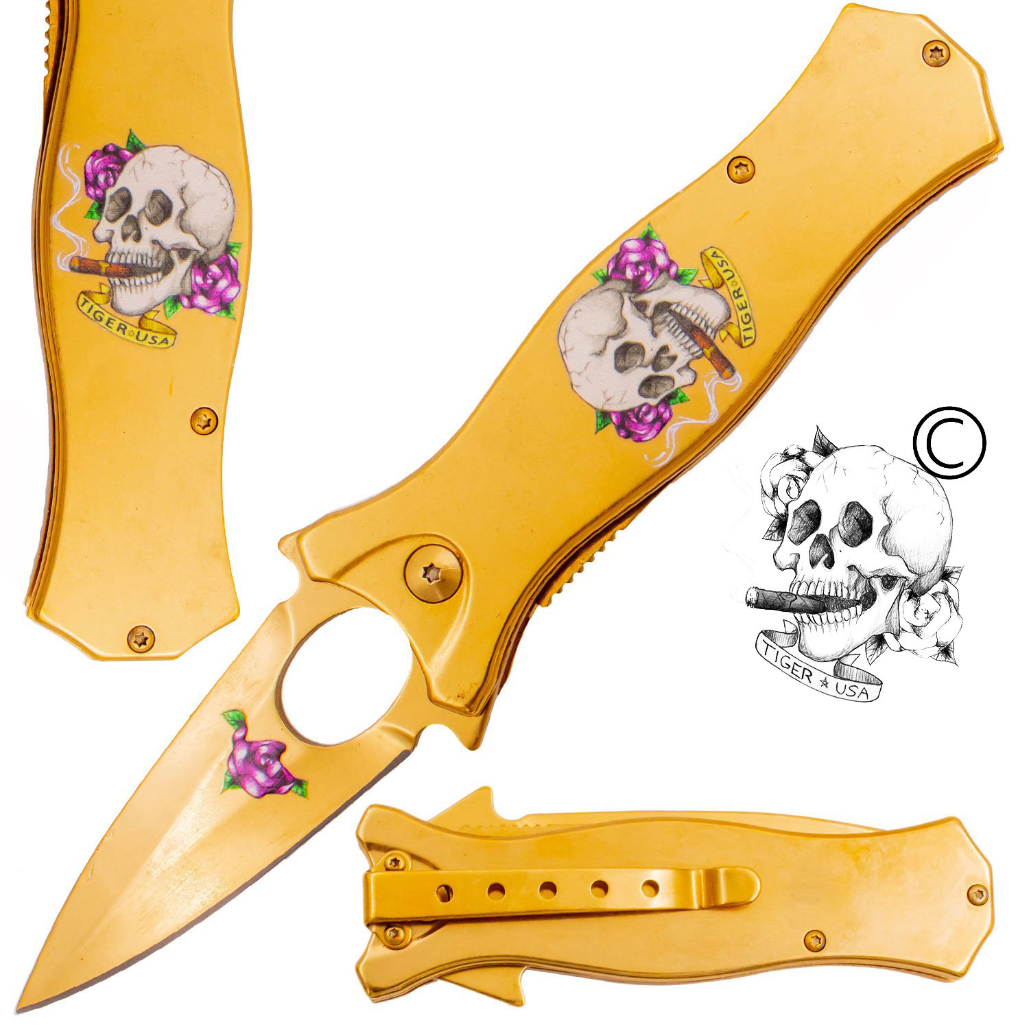 7.5 Inch Golden Ticket Spring Assisted Knife Skull Cigar Rose (Purple)