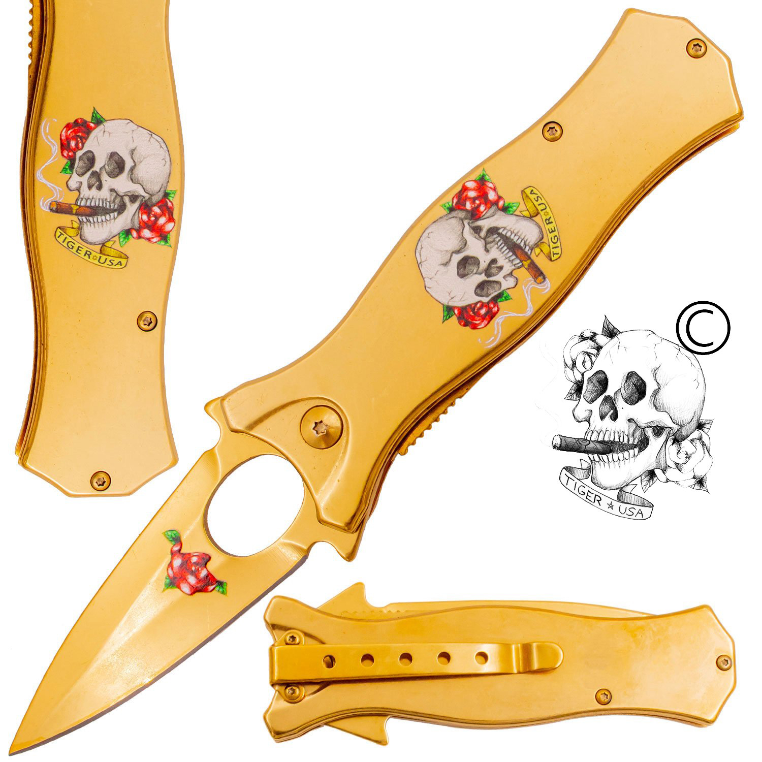 7.5 Inch Golden Ticket Spring Assisted Knife Skull Cigar Rose (Red)