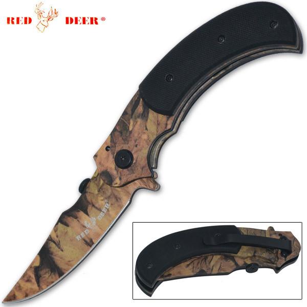 8 Inch Red Deer Trigger Action Outdoor Skinner Knife   Leaf Camo