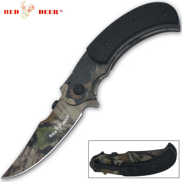 8 Inch Red Deer Trigger Action Outdoor Skinner Knife   Woodland Camo