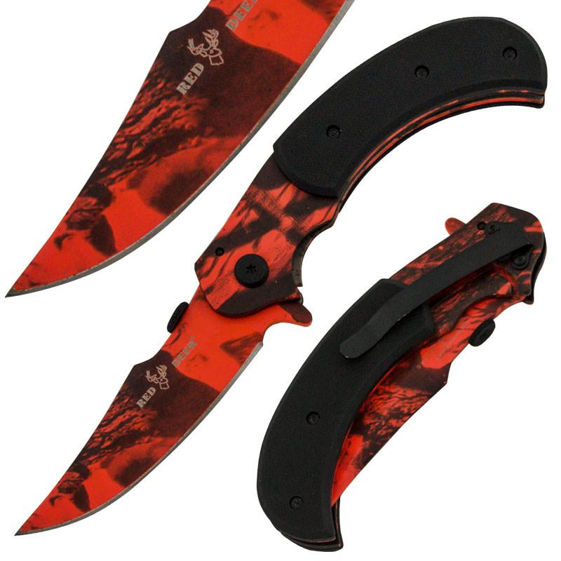 8 Inch Red Deer Trigger Action Outdoor Skinner Knife  Red Forest Camo