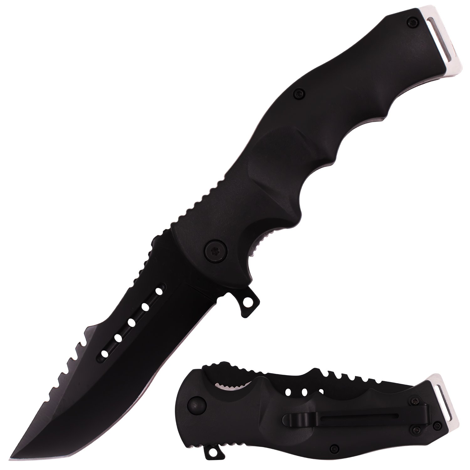 8 Inch Spring Assisted ErgoHandle Half Serration Honor Americana Knife   Black