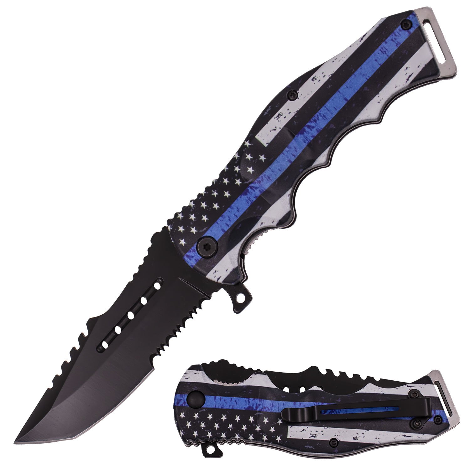 8 Inch Spring Assisted ErgoHandle Half Serration Honor Americana Knife   Blue Line