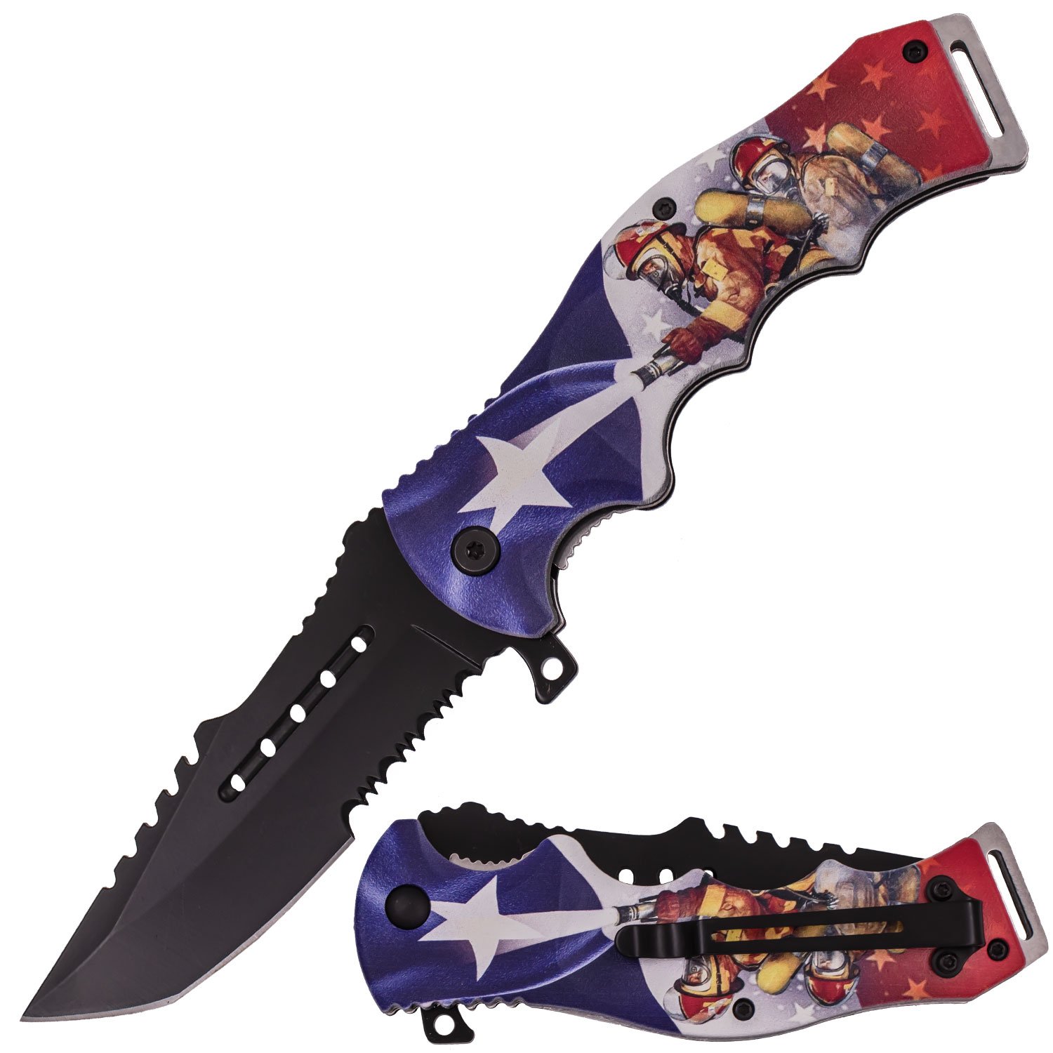 Spring-Assist Folding KnifeDuck 3.5" Black Blade Red Silver Flames EDC 