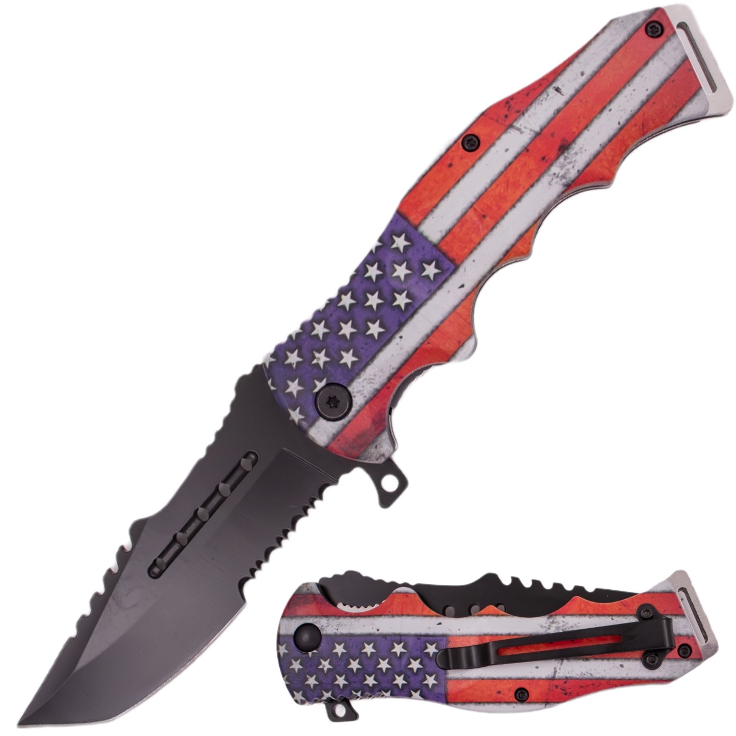 8 Inch Spring Assisted ErgoHandle Half Serration Honor Americana Knife   Flag Grunge