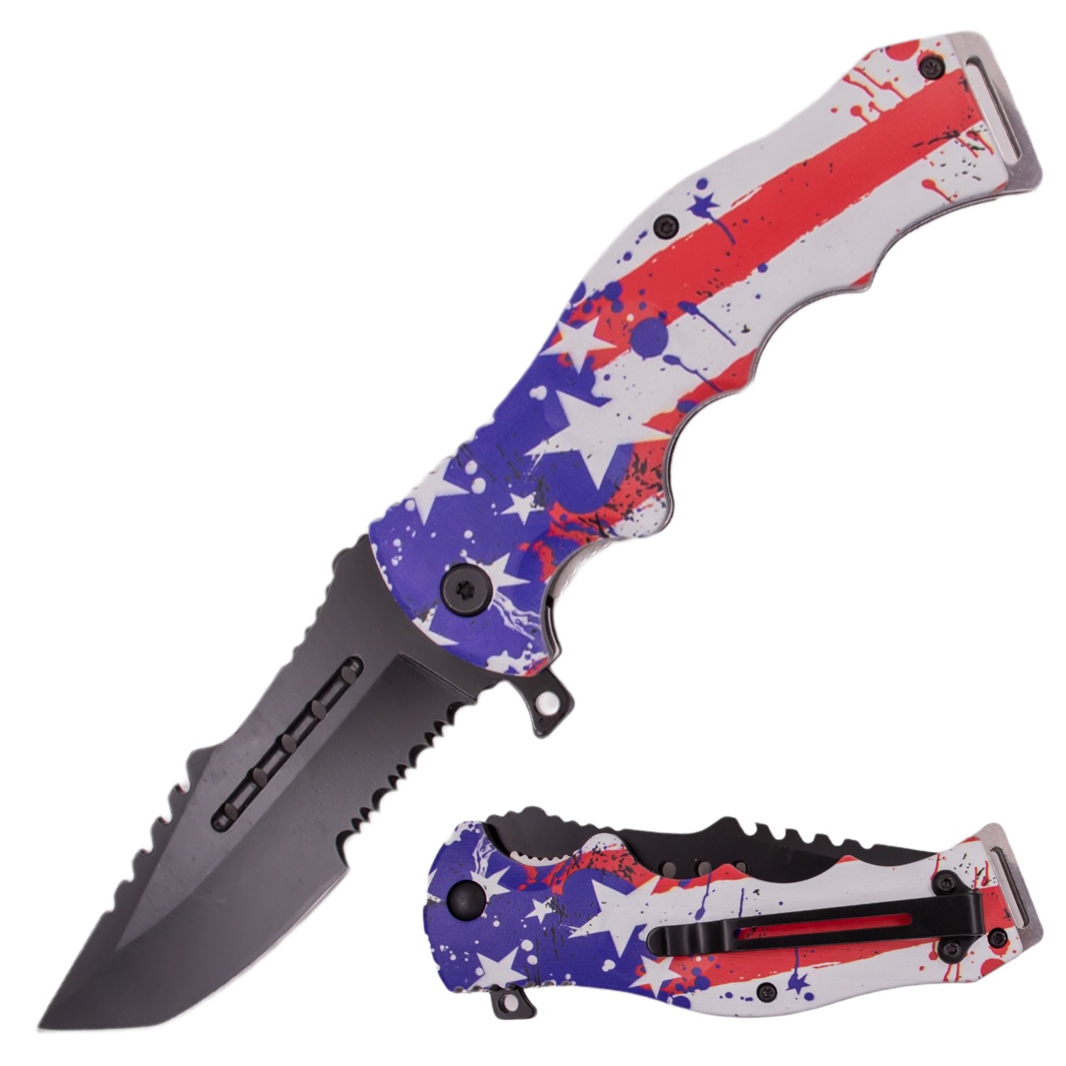 8 Inch Spring Assisted ErgoHandle Half Serration Honor Americana Knife   Flag Splatter