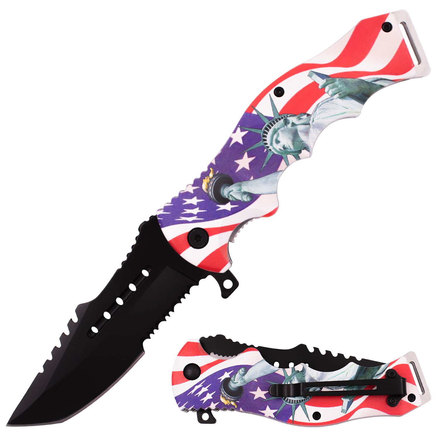 8 Inch Spring Assisted ErgoHandle Half Serration Honor Americana Knife   Liberty Color