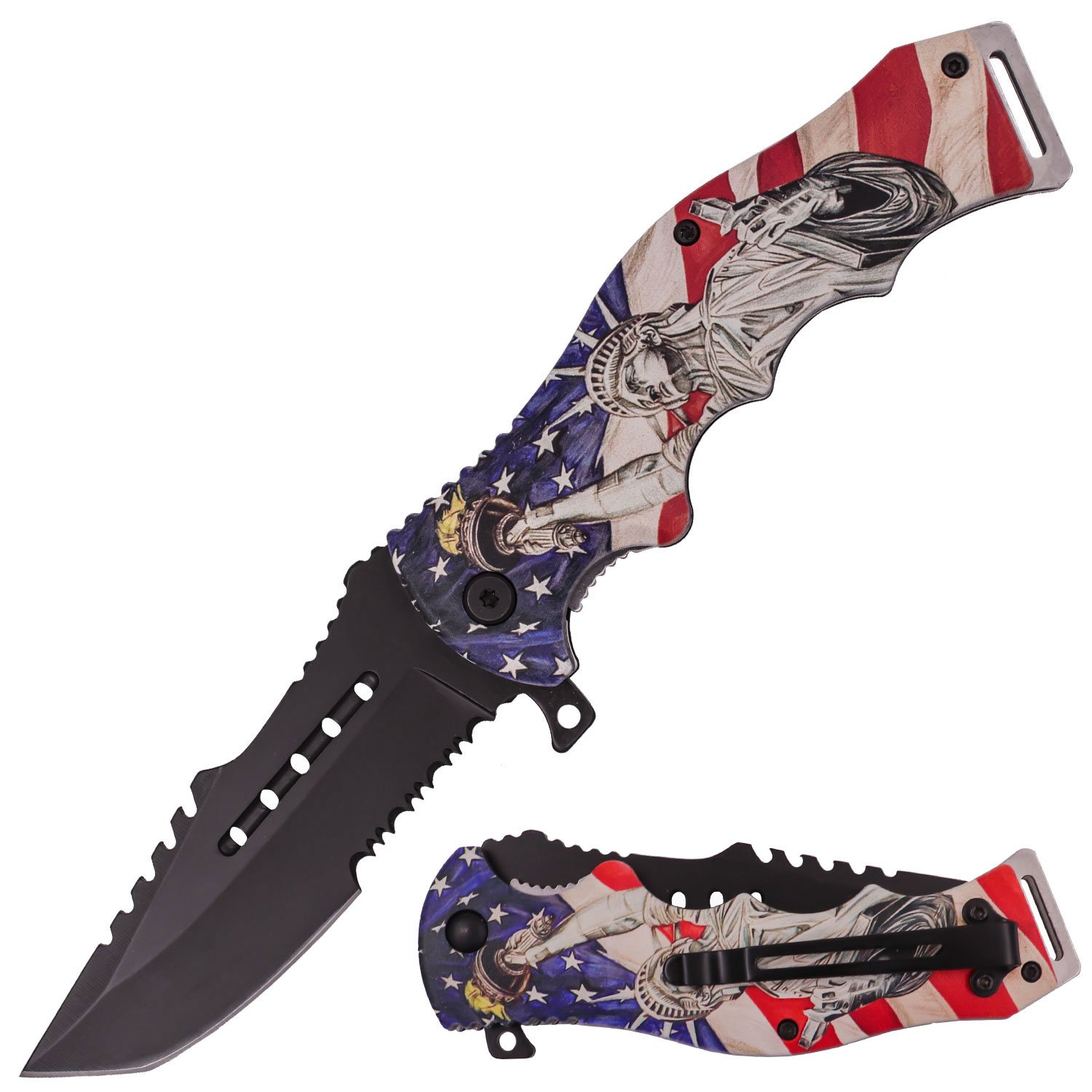 8 Inch Spring Assisted ErgoHandle Half Serration Honor Americana Knife   Liberty Flag