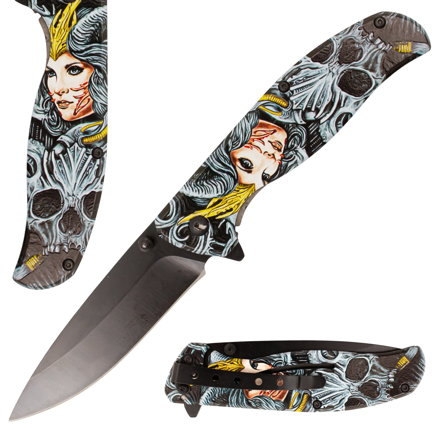 8 Inch Spring Assisted Knife Drop Point Skull Viking Woman Black Blade