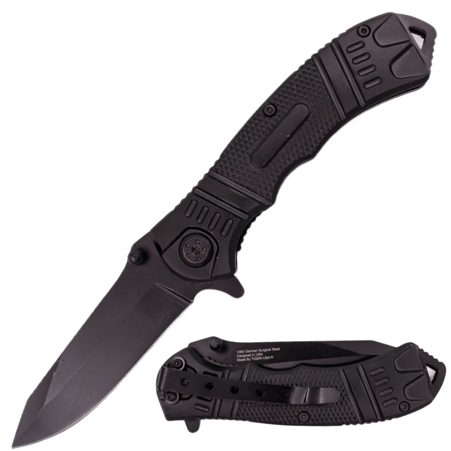 8 Inch Spring Assisted TechTact Knife DP Blade   Black