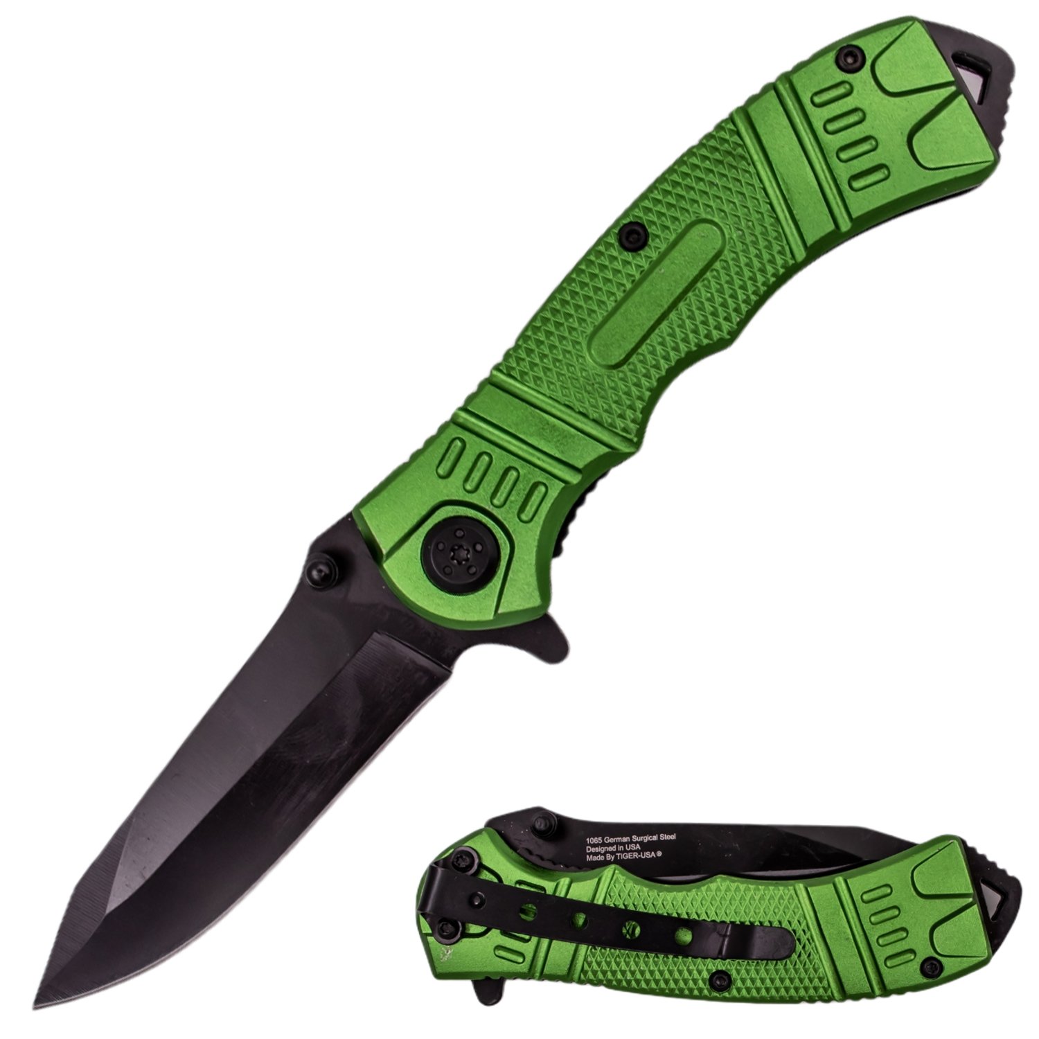 8 Inch Spring Assisted TechTact Knife DP Blade   Green
