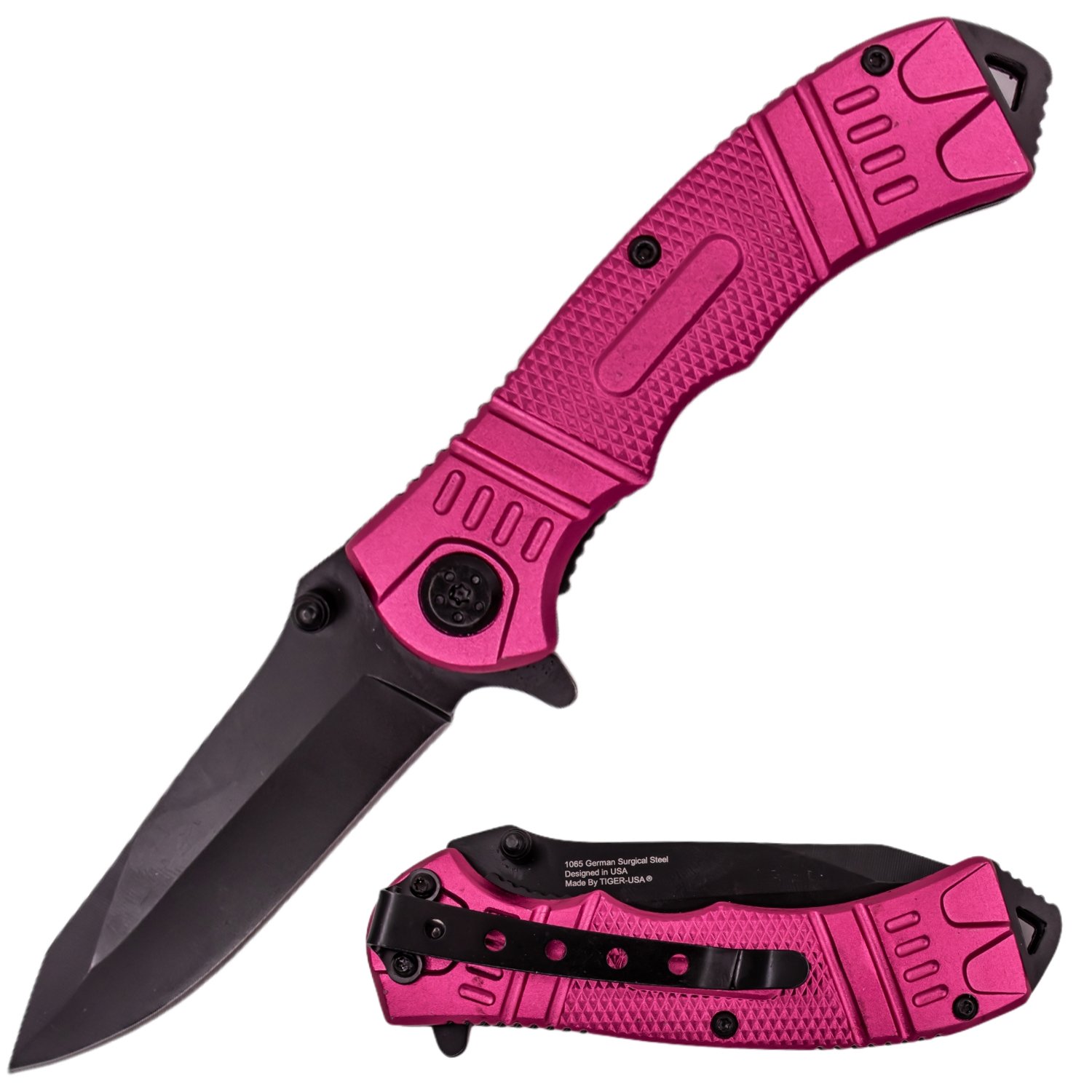 8 Inch Spring Assisted TechTact Knife DP Blade   Pink