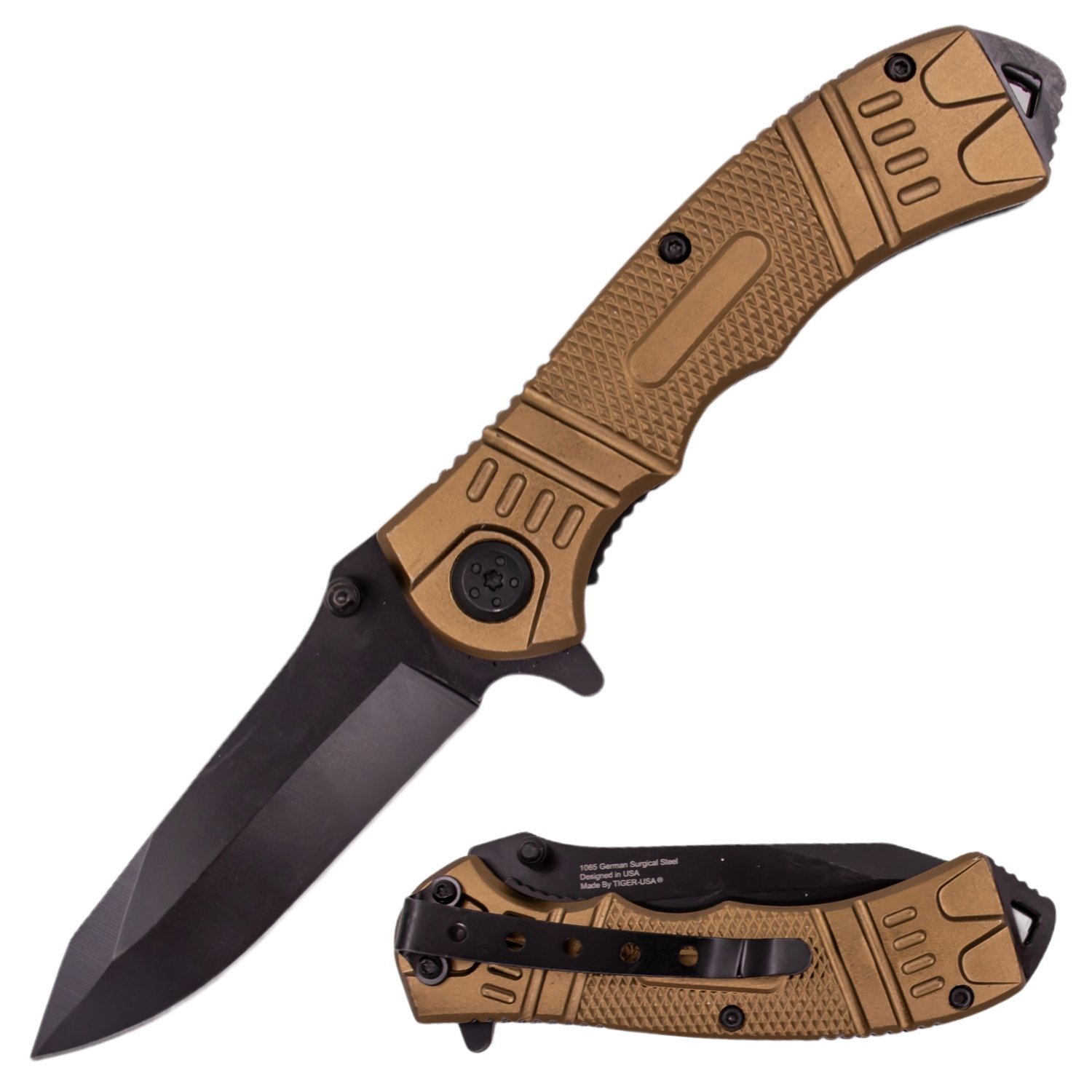 8 Inch Spring Assisted TechTact Knife DP Blade   Tan