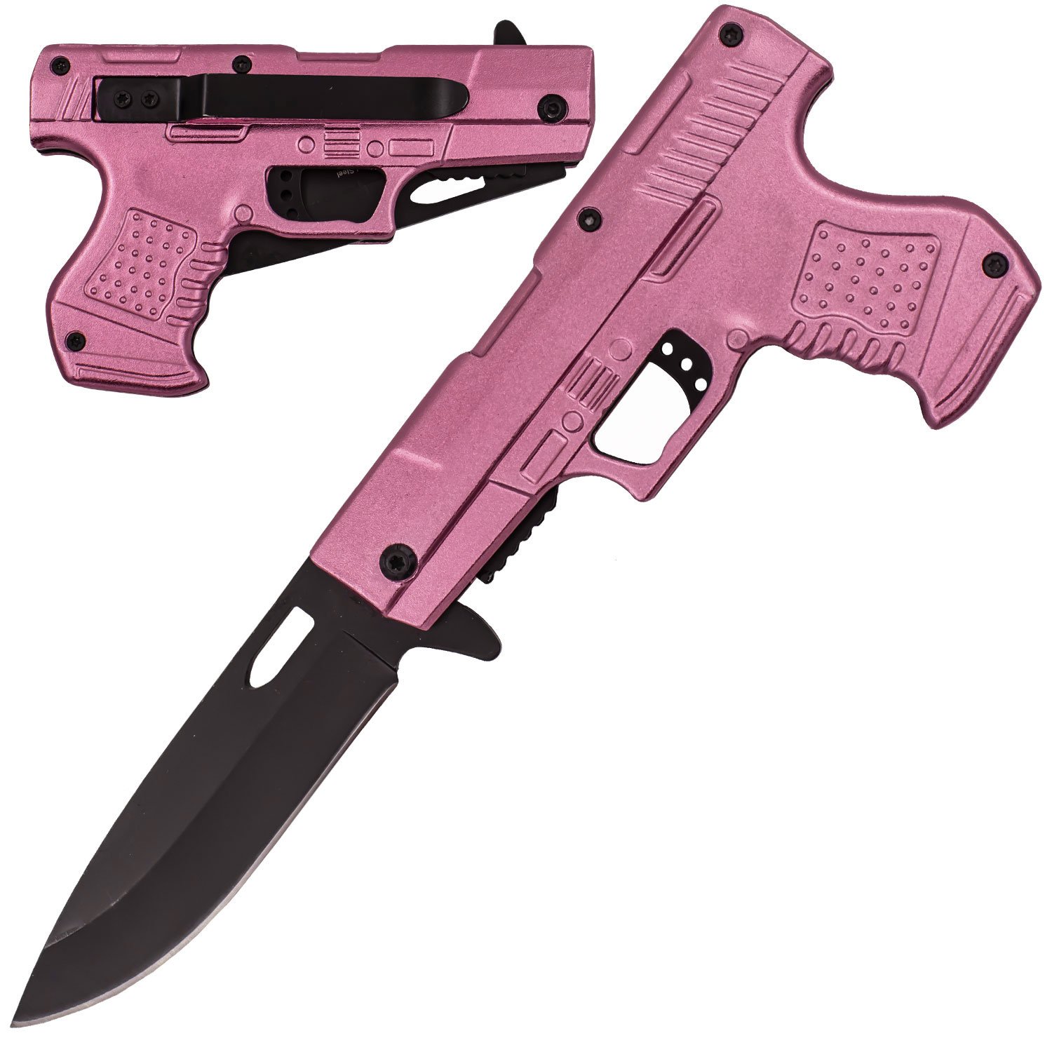 8.75 Inch Spring Assisted Gun Pistol Knife   Hot Pink