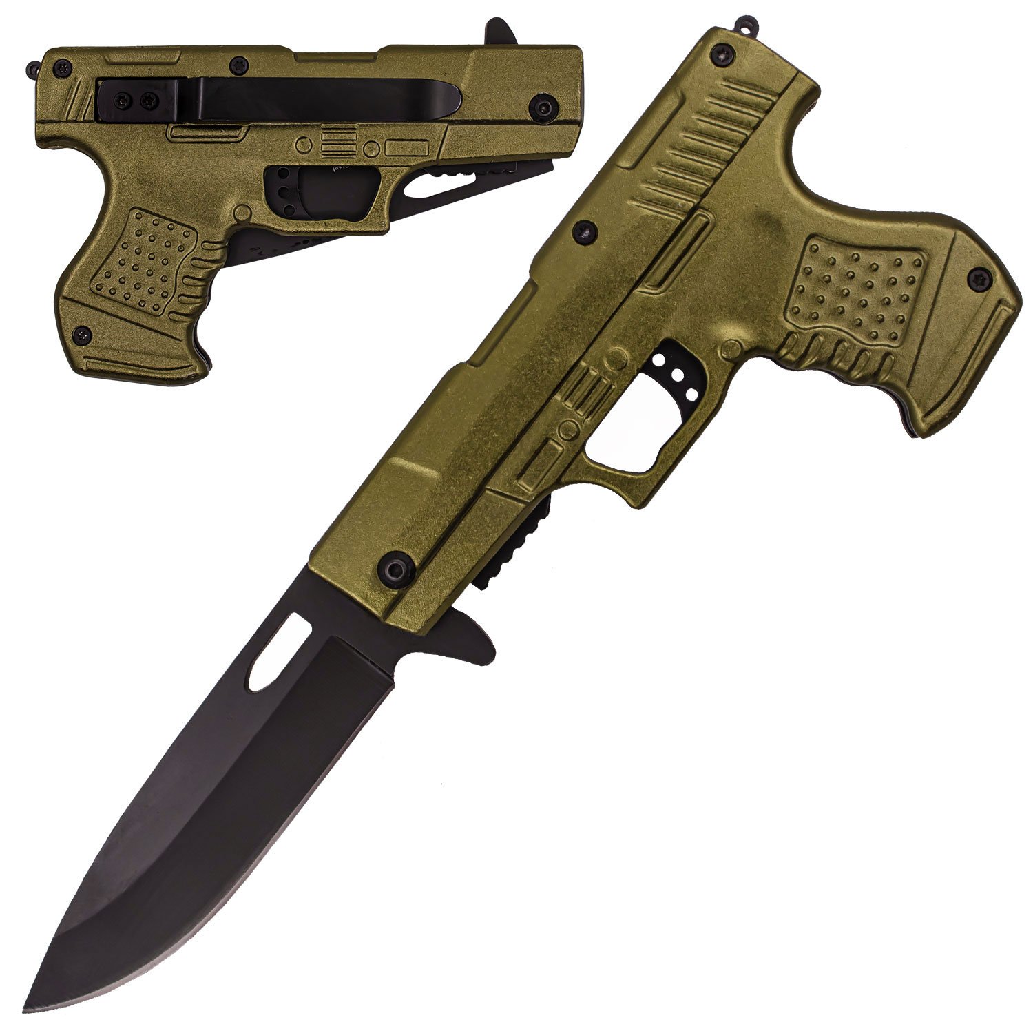 8.75 Inch Spring Assisted Gun Pistol Knife   Olive Drab
