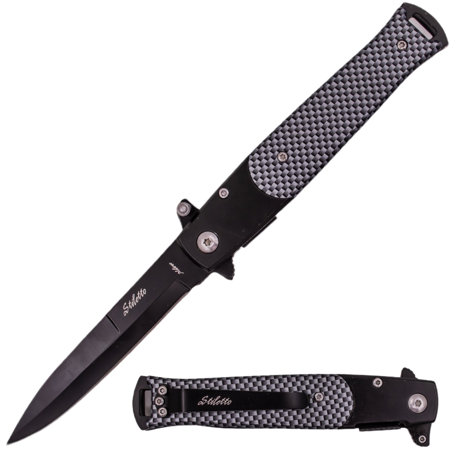 9 Inch Godfather Style Stiletto Style Folding Knife   Carbon Fiber