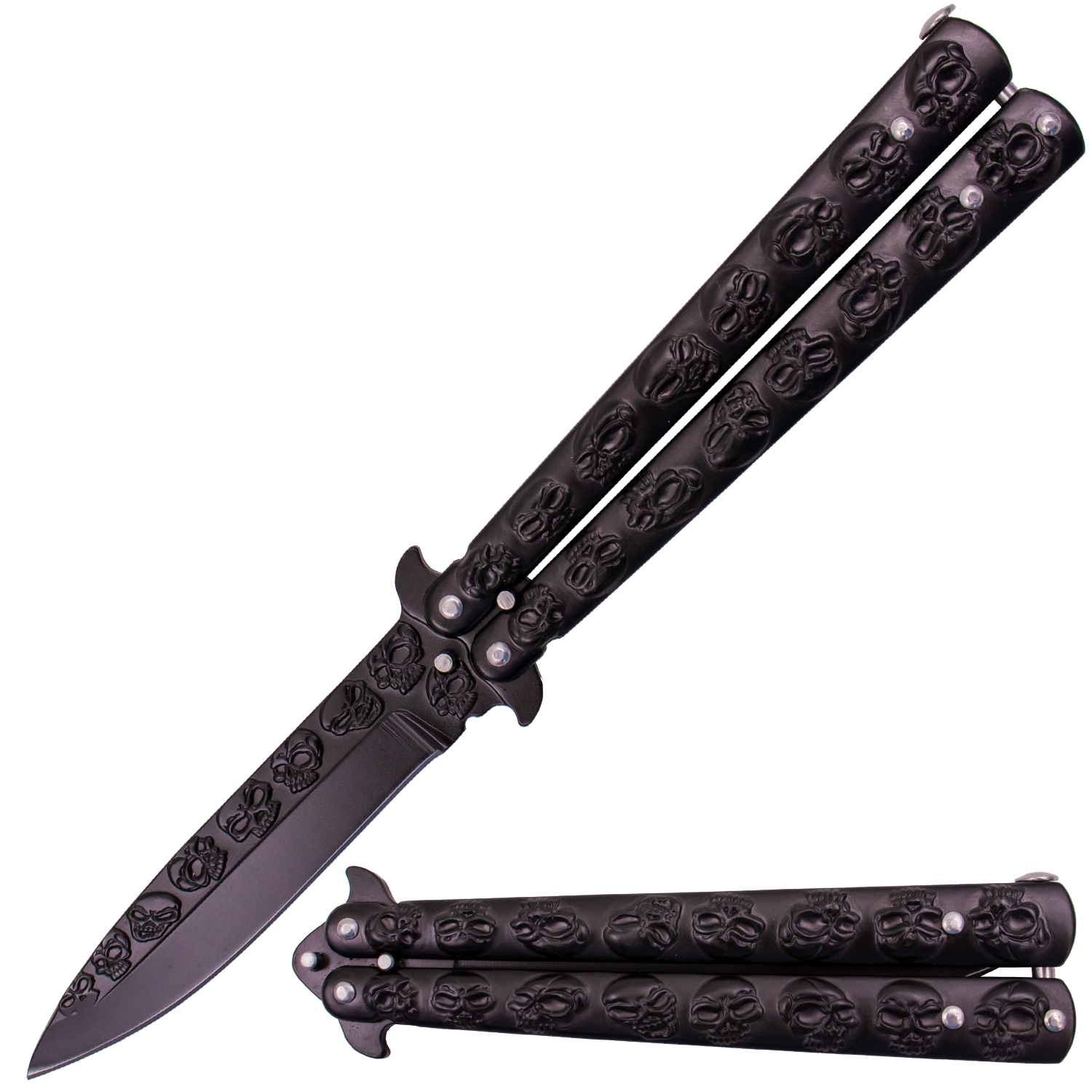 9.10 Inch Solid Steel Skull Butterfly Folding Knife (Black)