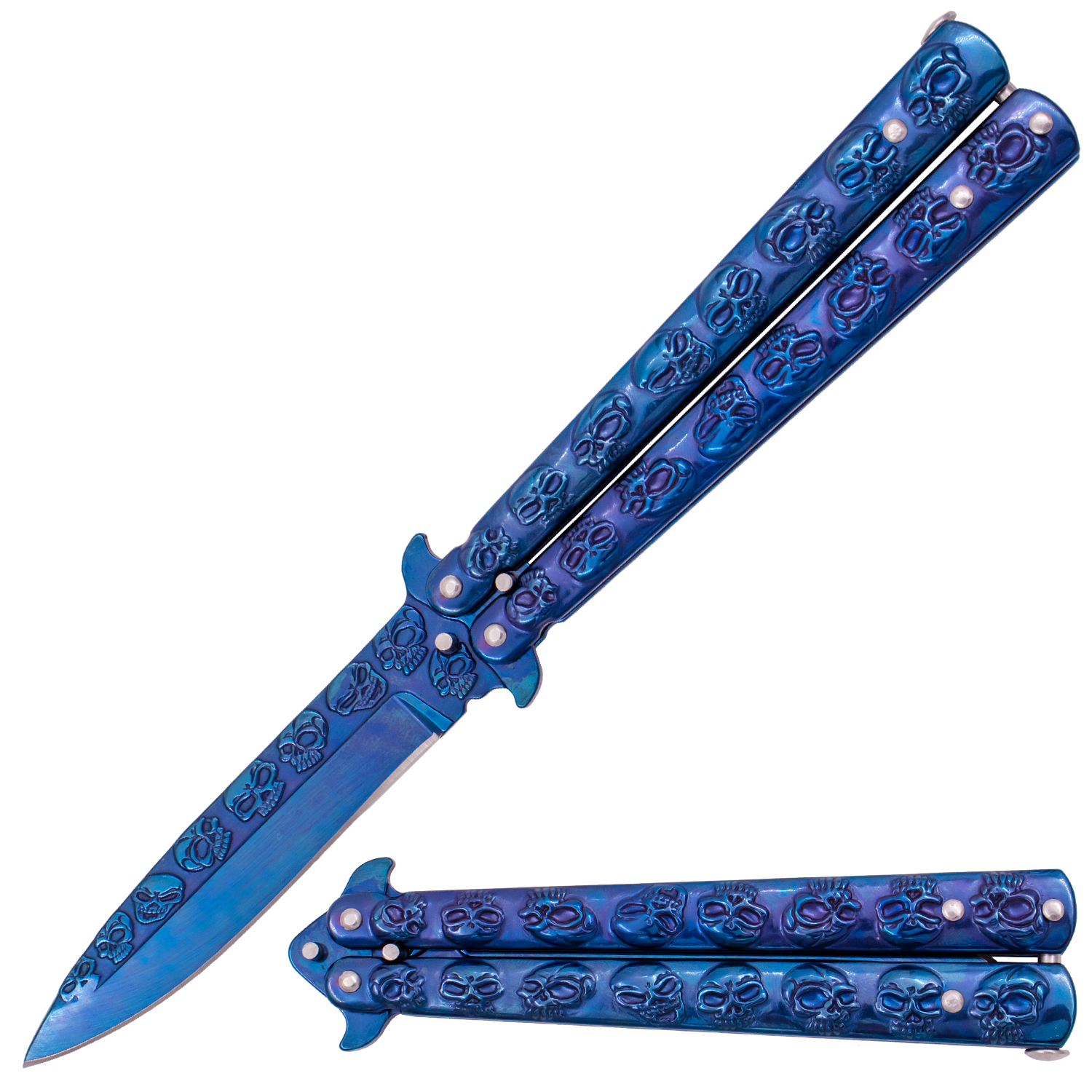 9.10 Inch Solid Steel Skull Butterfly Folding Knife (Blue)
