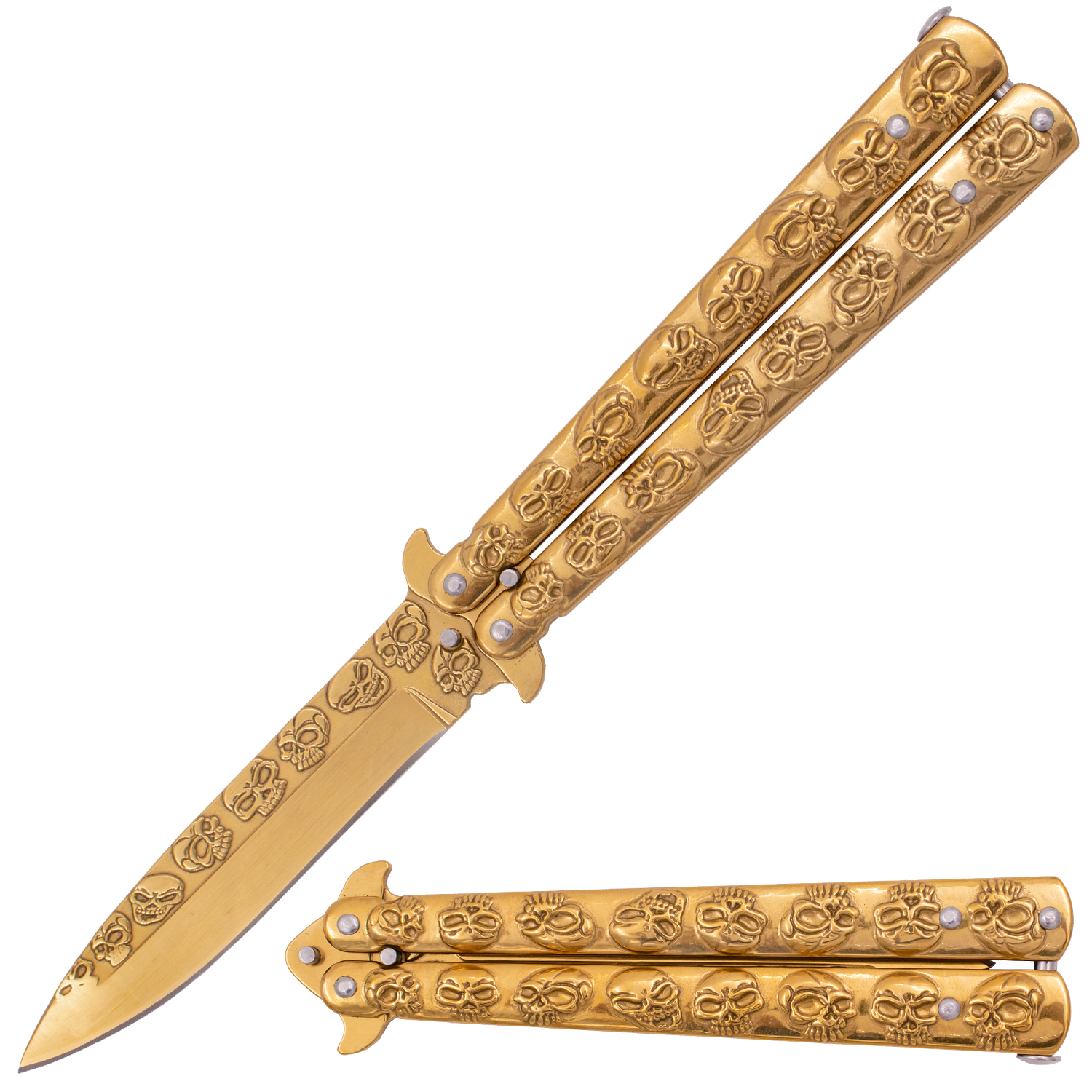 9.10 Inch Solid Steel Skull Butterfly Folding Knife (Gold)