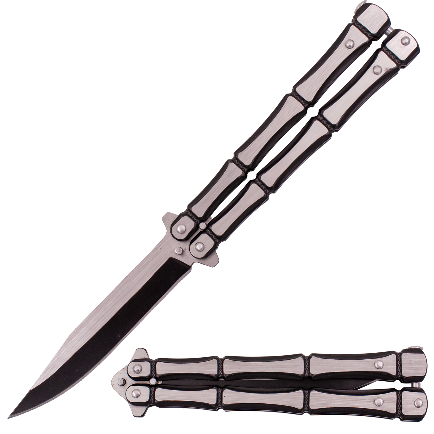 9.10 Inch Solid Steel Skull Butterfly Folding Knife (Skeleton Bones)