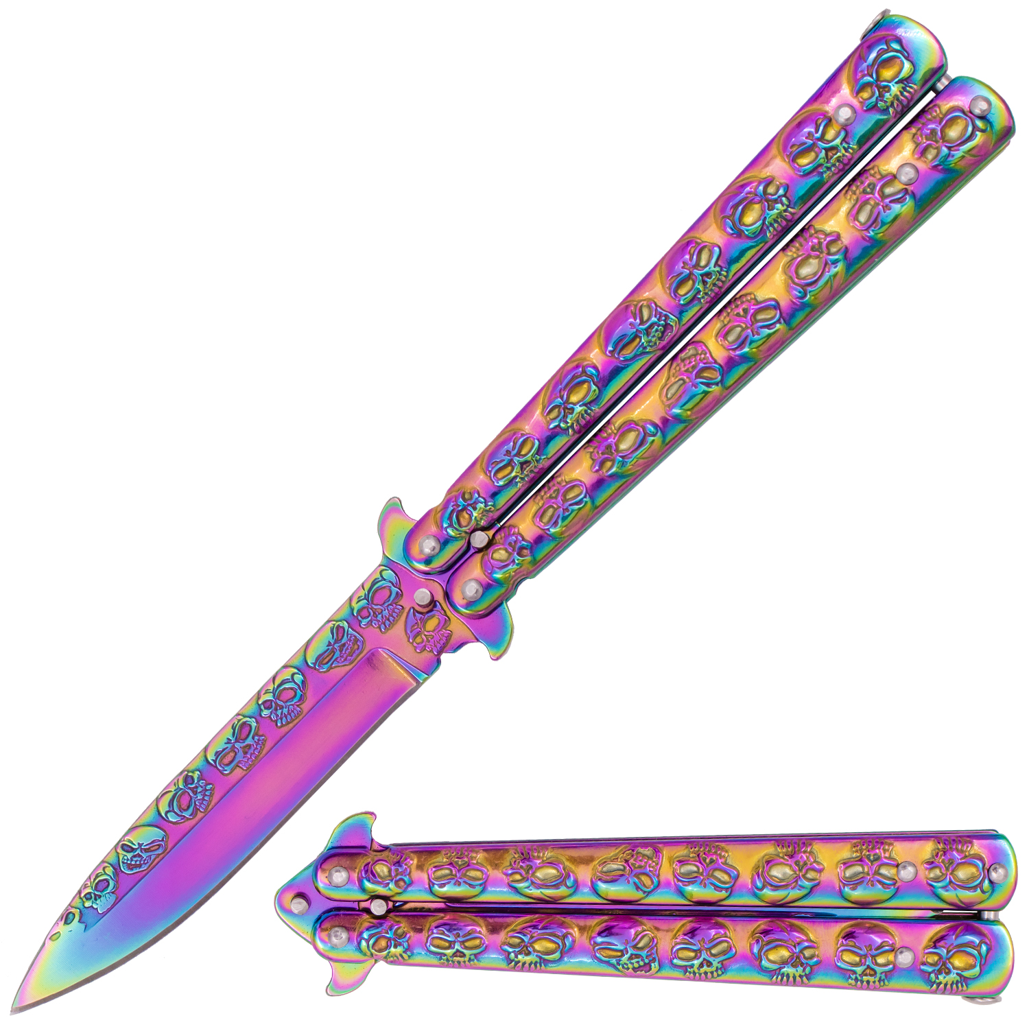 9.10 Inch Solid Steel Skull Butterfly Folding Knife (Titainium)