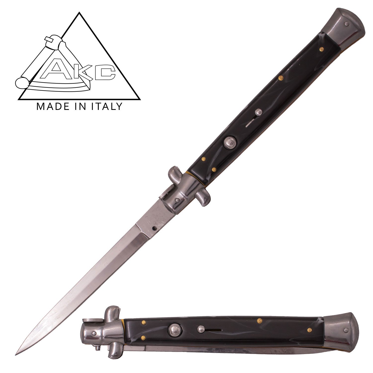 AKC 13 Inch Automatic Stiletto Italiano Button Push Knife (Black and White Pearl)