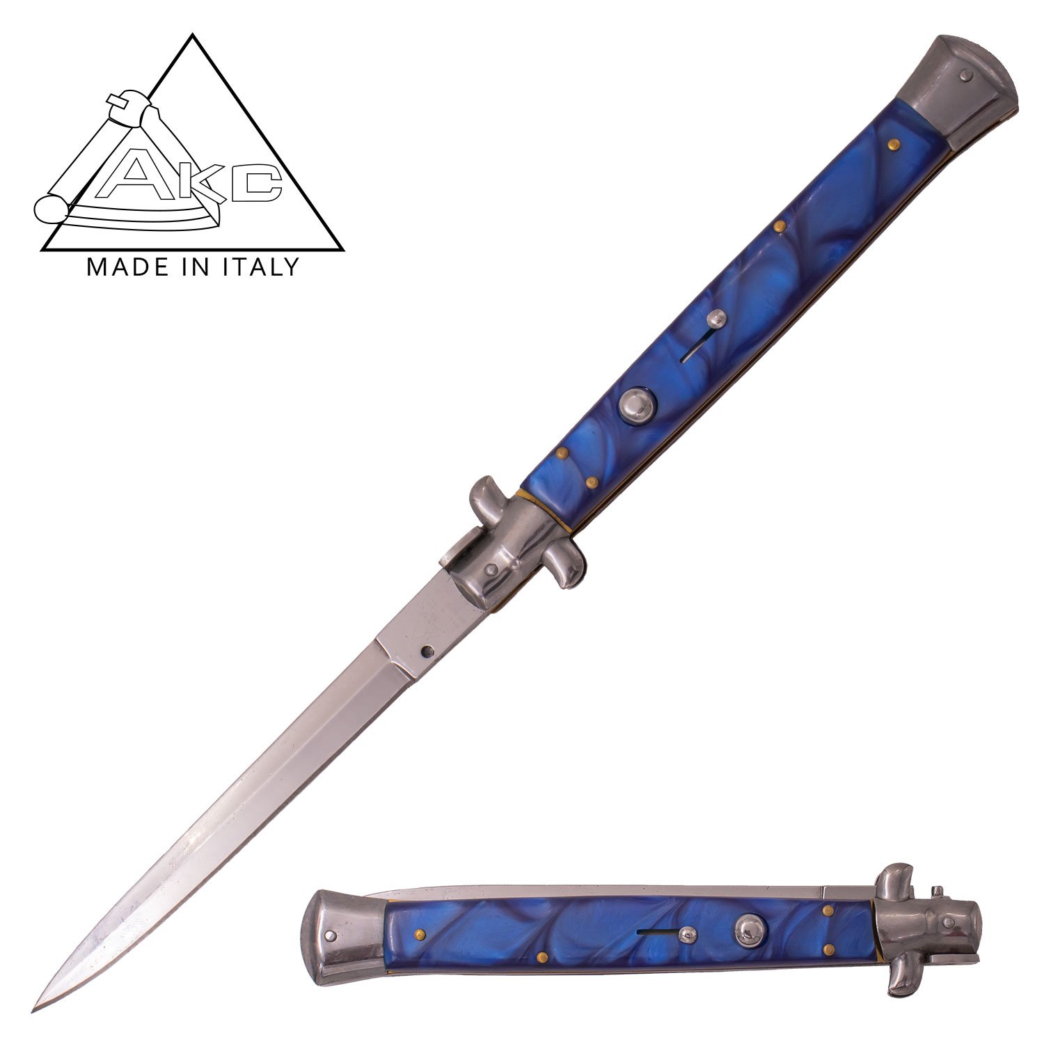 AKC 13 Inch Automatic Stiletto Italiano Button Push Knife (Blue Pearl)