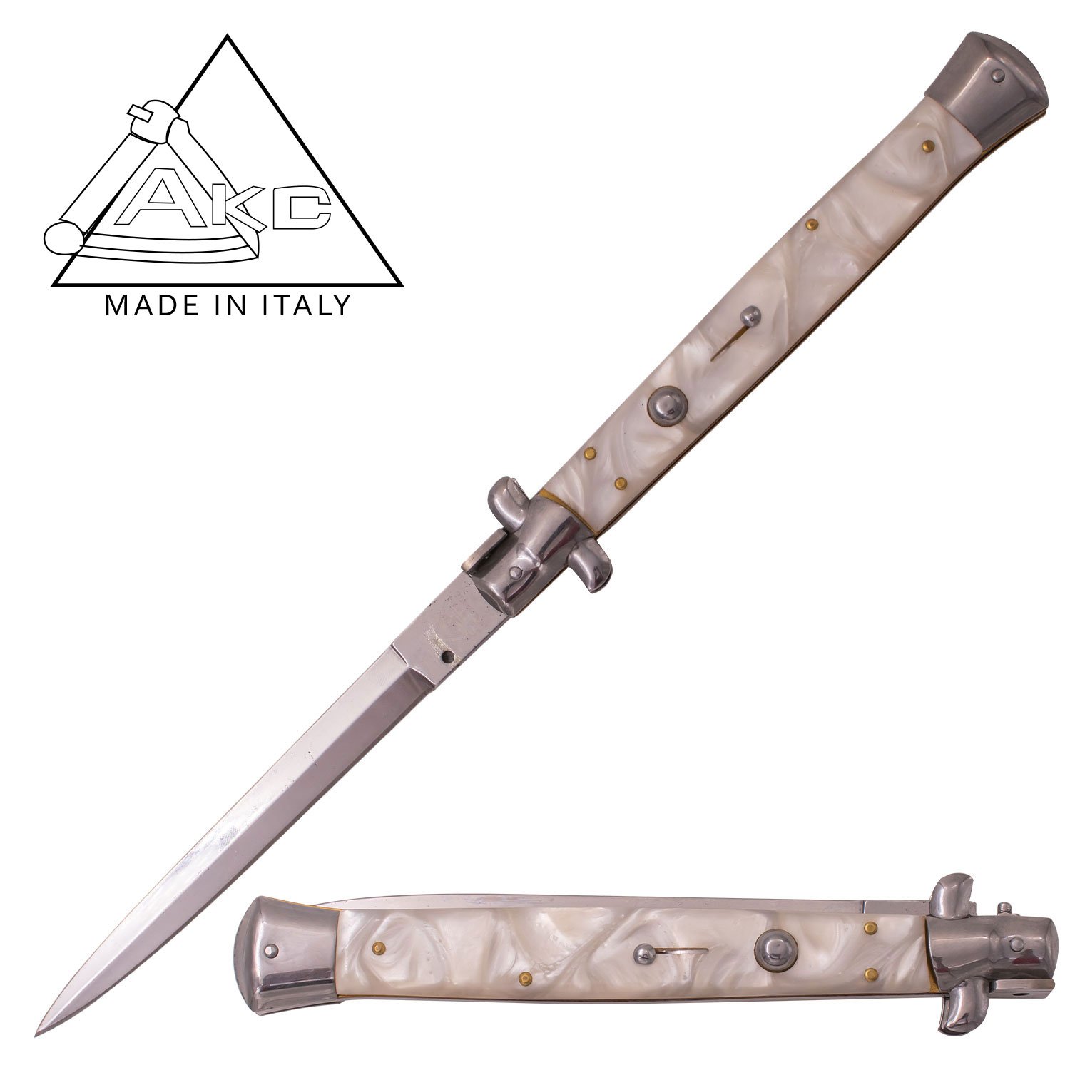 AKC 13 Inch Automatic Stiletto Italiano Button Push Knife (White Pearl)