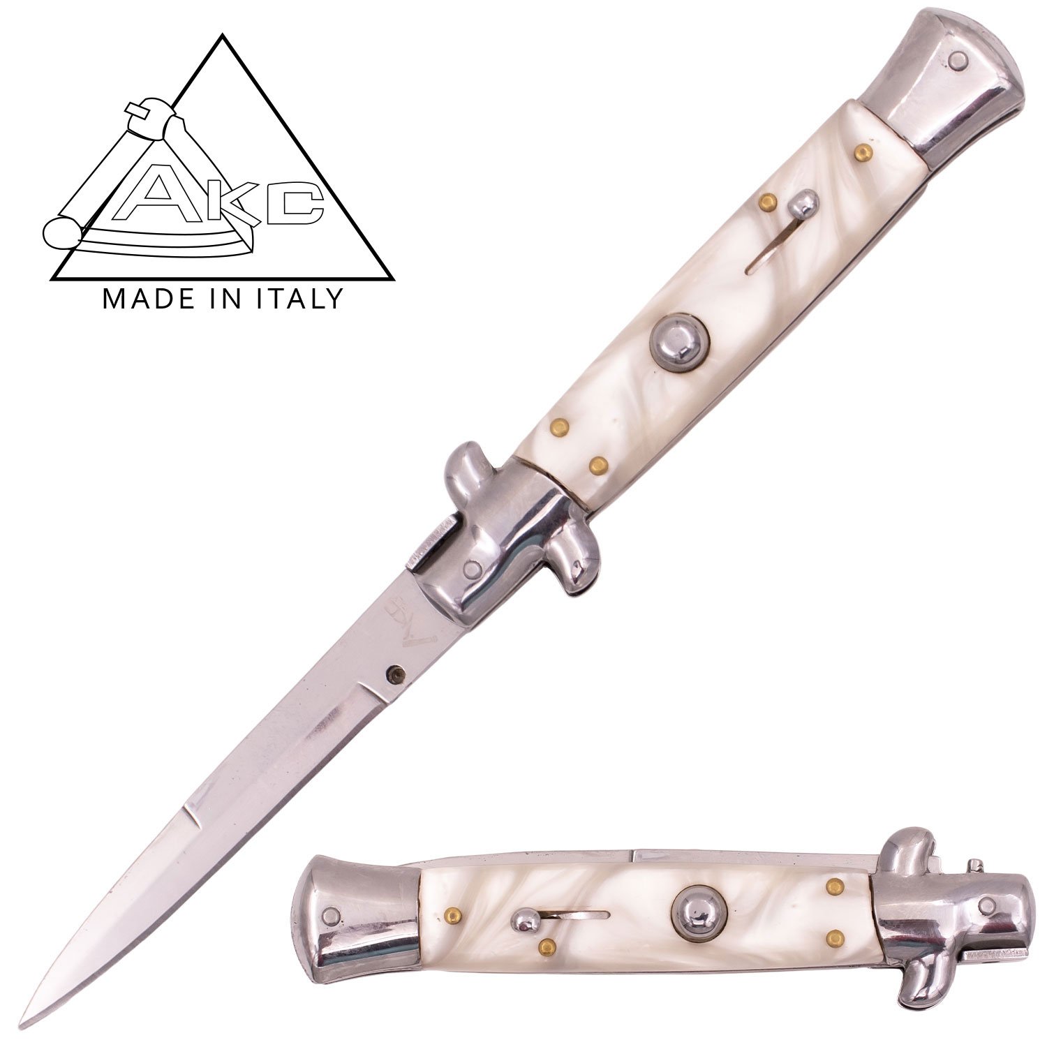 AKC 9 Inch Automatic Stiletto Italiano Button Push Knife (White Pearl)