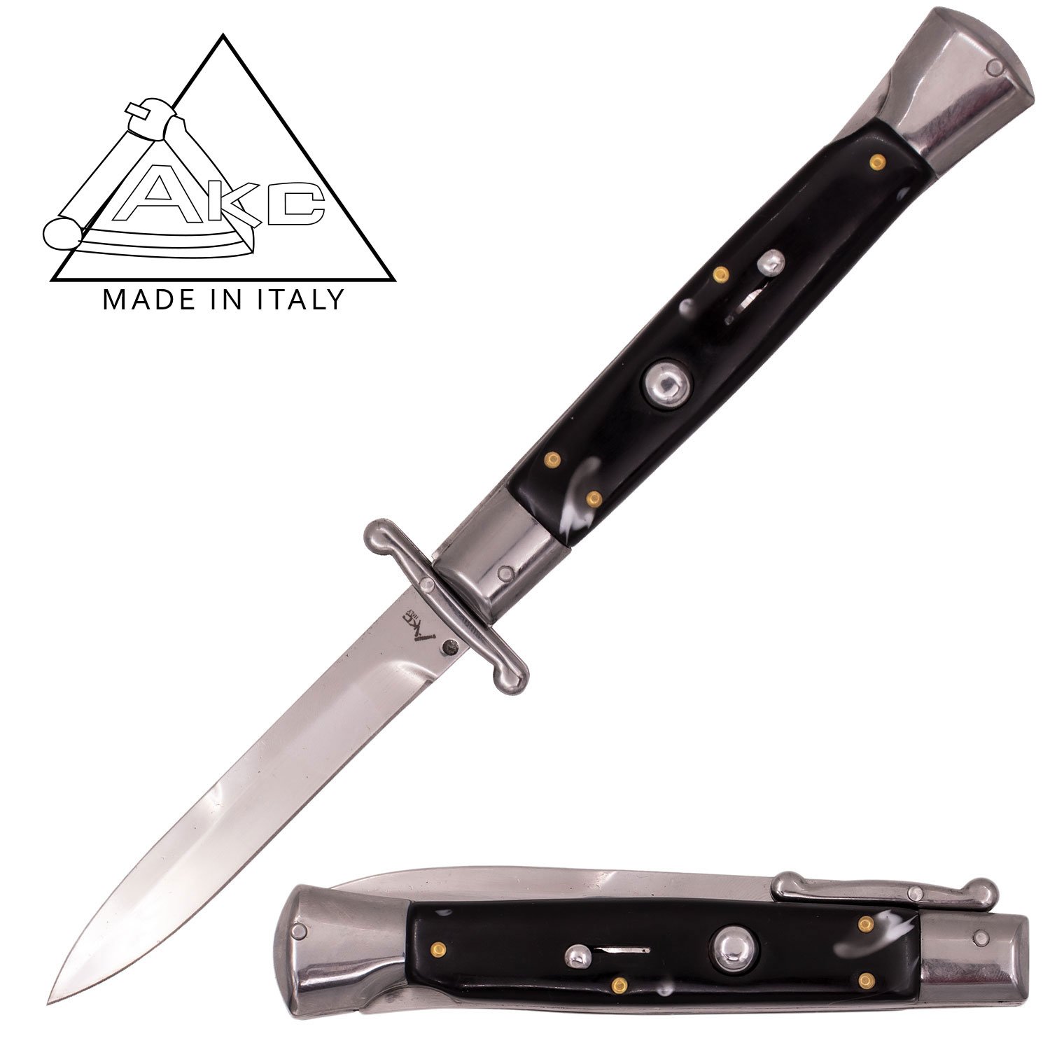 AKC 9.60 Inch Automatic Italiano Knife with Guard (Black and White Pearl)